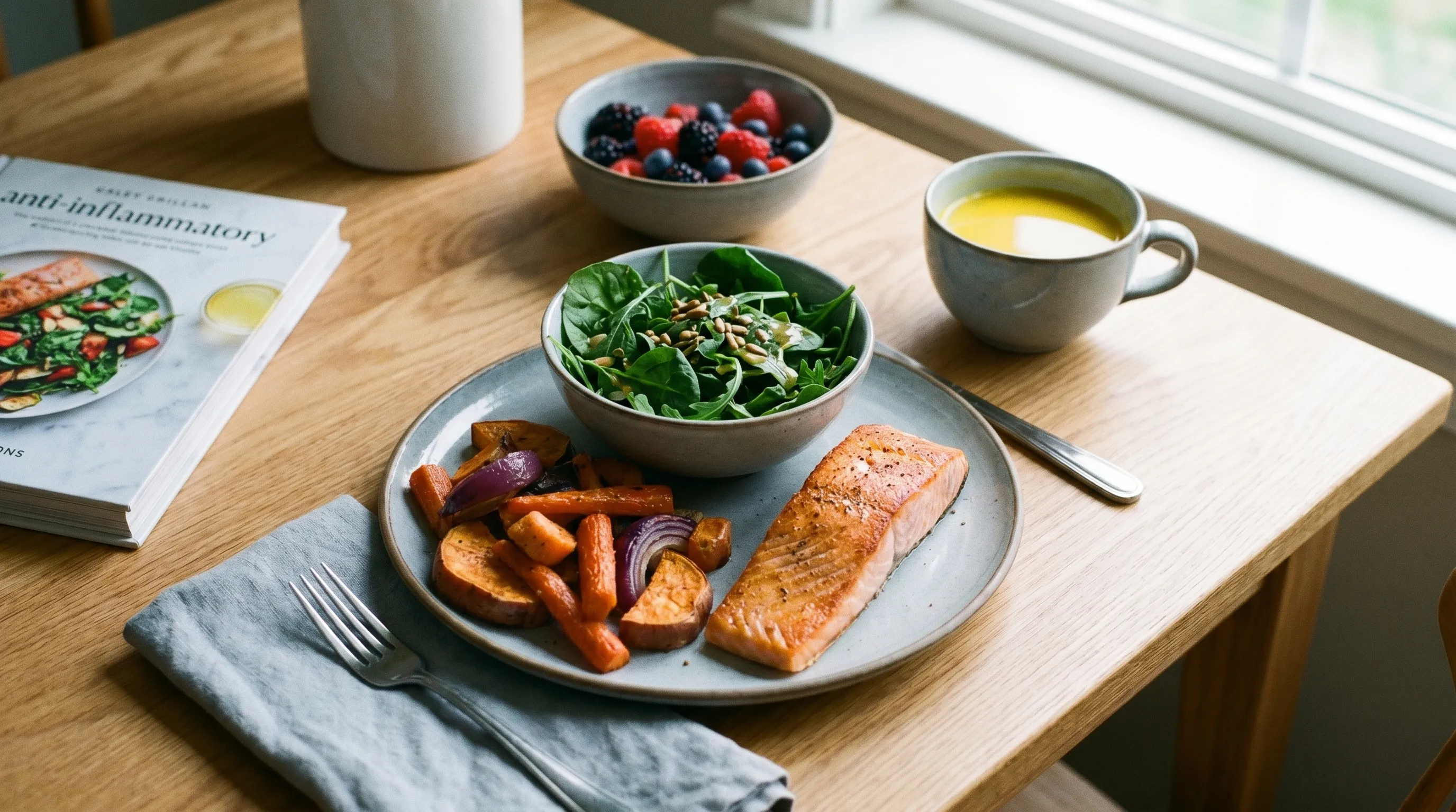 A neatly arranged wooden table featuring a vibrant anti-inflammatory meal with salmon, roasted vegetables, and a side of leafy greens, soft daylight photography, gray-blue color palette