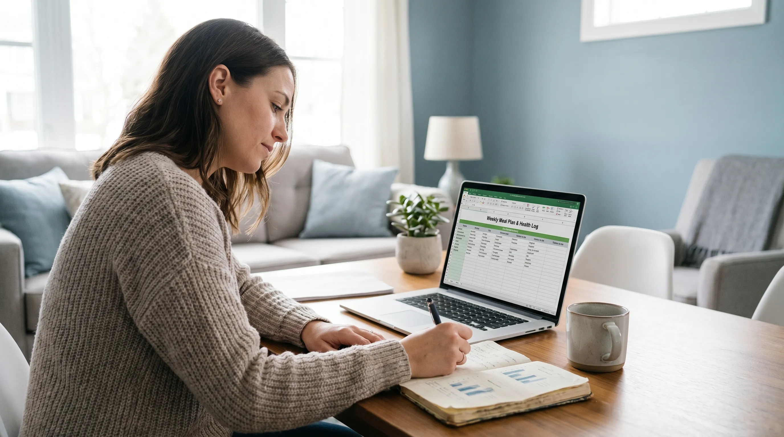 A woman journaling health metrics and symptoms next to a laptop displaying a meal planning template, natural lighting, cozy modern home setting, muted blue and gray tones