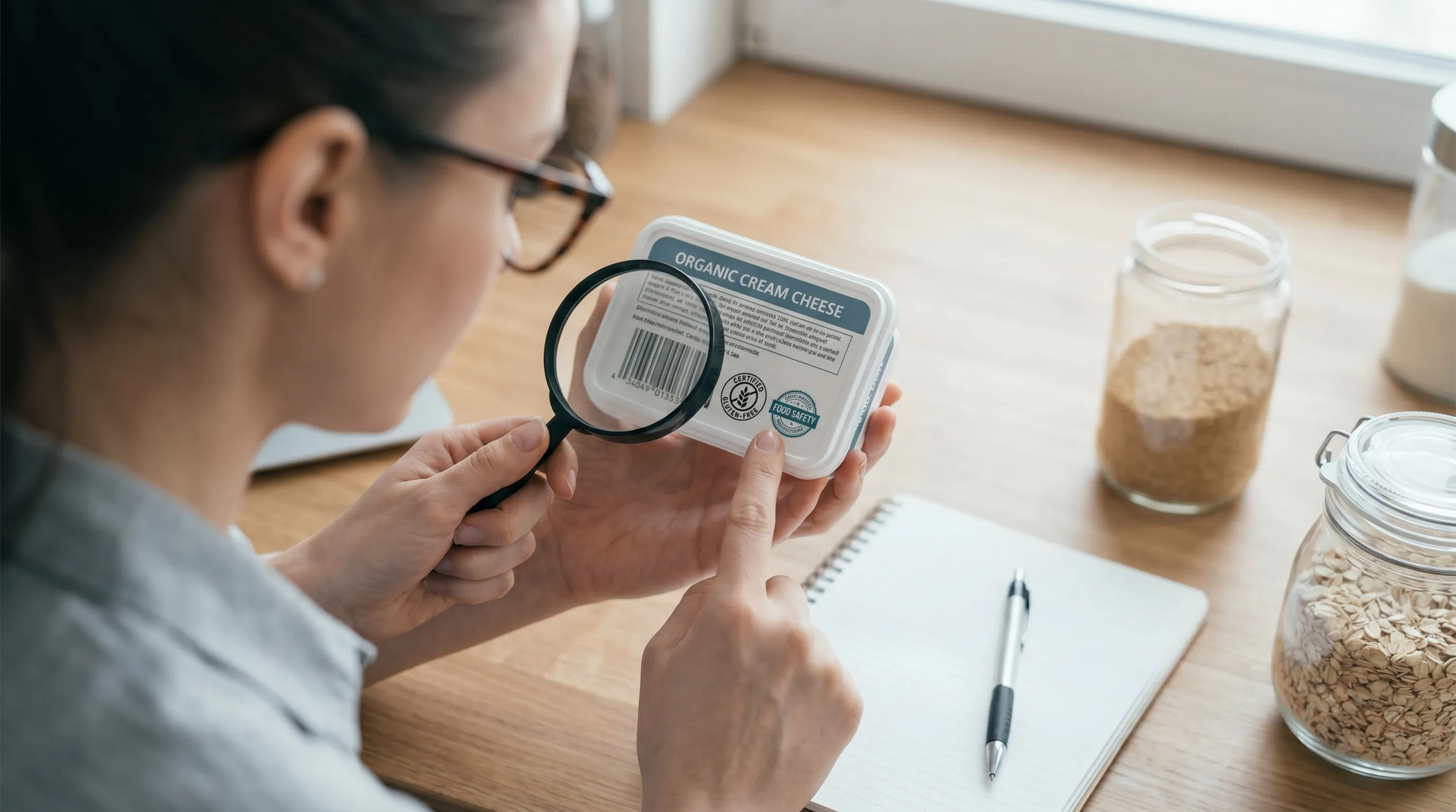 A close-up overhead shot of a nutritionist reading a cream cheese product label in a well-lit kitchen, with a gluten-free certification badge visible on the packaging, emphasizing food safety and mindful label reading