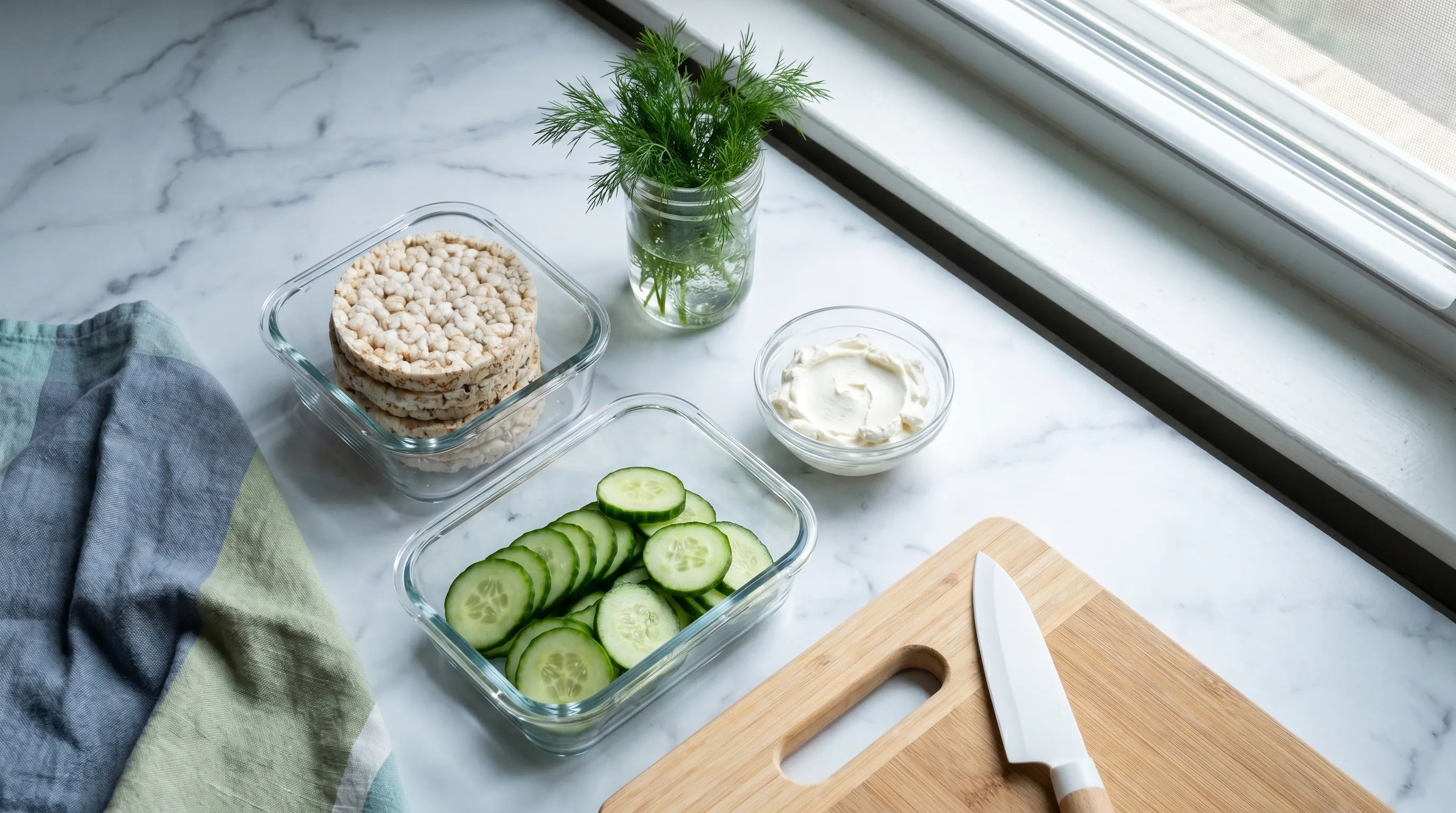A neatly arranged gluten-free meal prep setup featuring plain cream cheese, sliced cucumbers, gluten-free rice cakes, and fresh dill on a marble surface, with soft natural lighting and health-focused styling