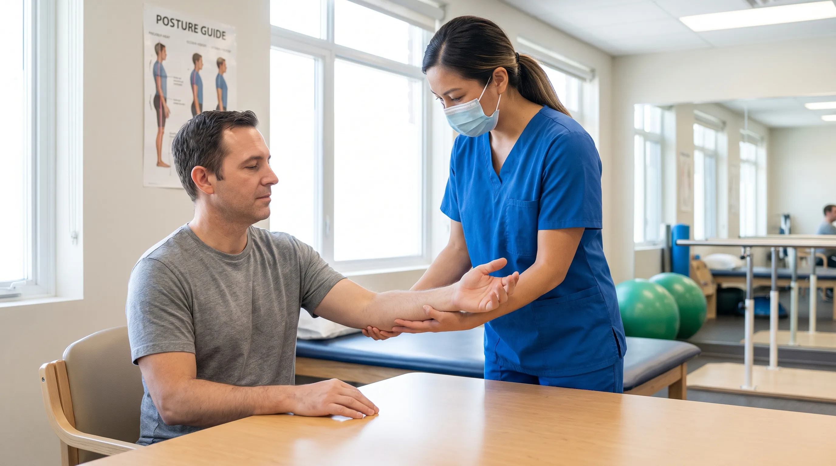 Un kinésithérapeute guidant un patient dans de doux exercices de mobilisation du poignet et de l’avant-bras dans un environnement de rééducation clinique lumineux, en se concentrant sur la posture et l’alignement corrects, photographie médicale réaliste, format 4:3