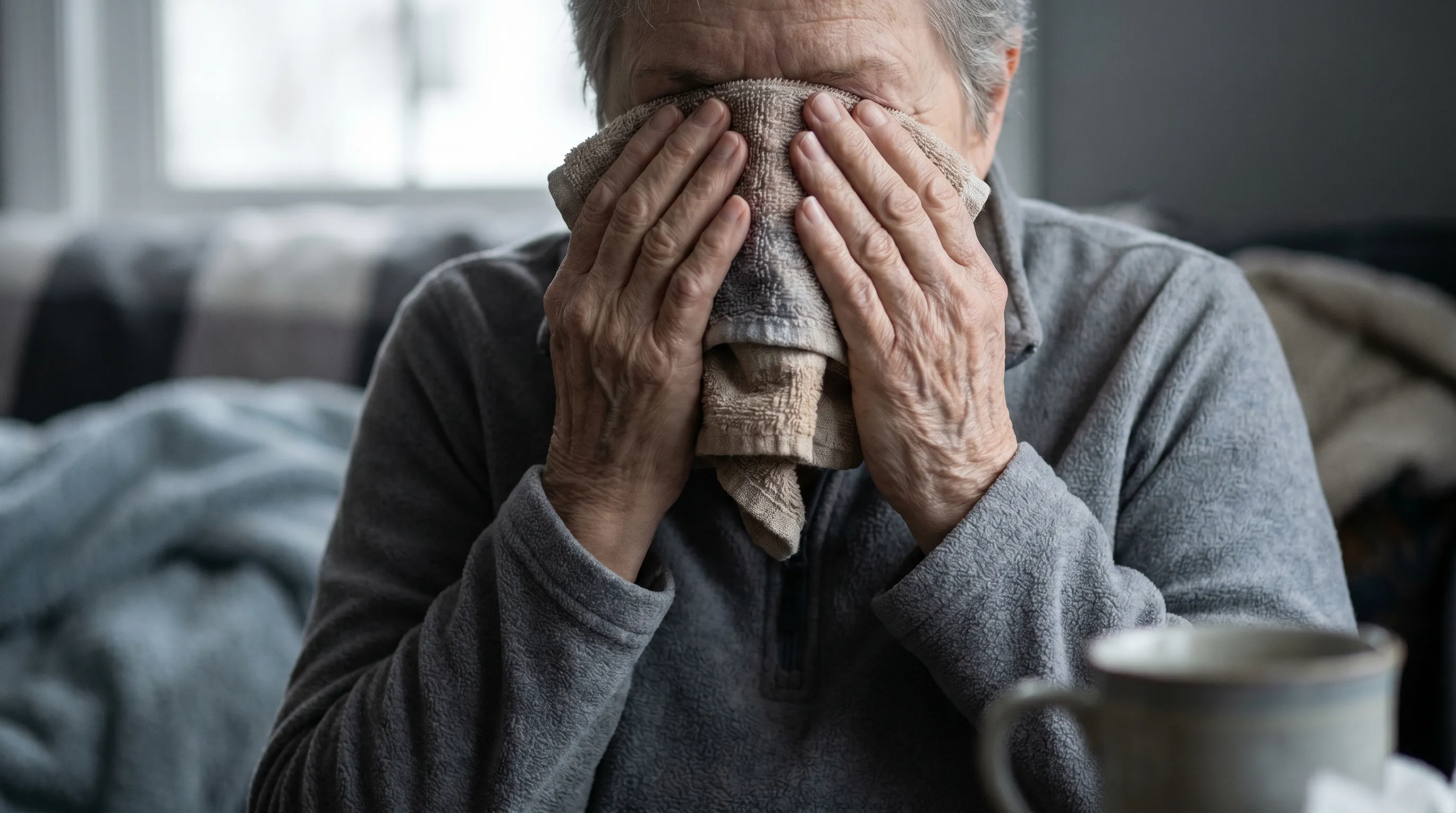 Close-up of a person applying a clean, warm washcloth to closed eyes, demonstrating a safe self-care technique for eye discomfort. Soft lighting, gray and blue tones, realistic health photography style.