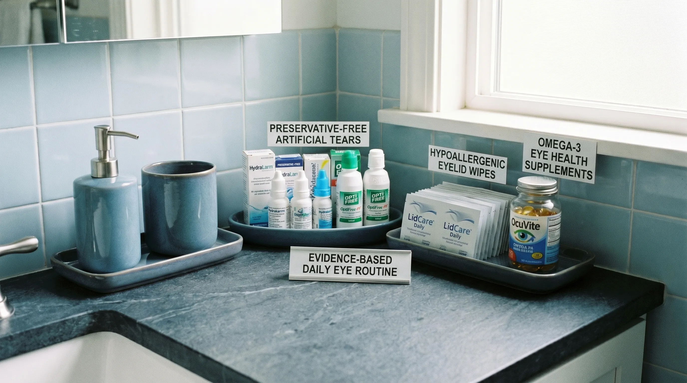 A neatly organized bathroom counter featuring preservative-free artificial tear bottles, hypoallergenic eyelid wipes, and omega-3 supplements, illustrating an evidence-based daily eye care routine. Cool blue and slate tones, 4:3 ratio.