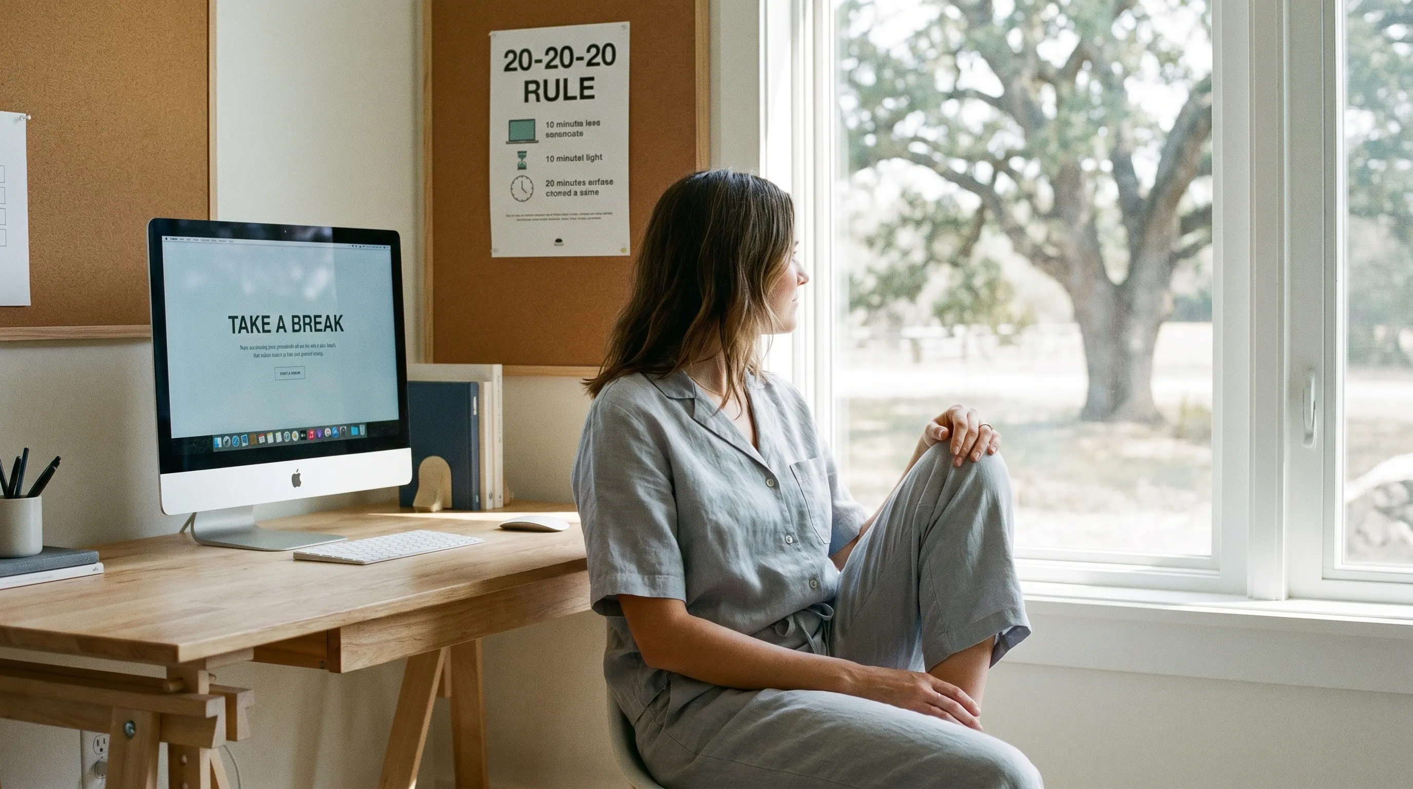A person taking a mindful break from a computer screen by gazing out a window at a distant tree, practicing the 20-20-20 rule in a bright, modern home office. Neutral blue and gray tones, lifestyle photography.