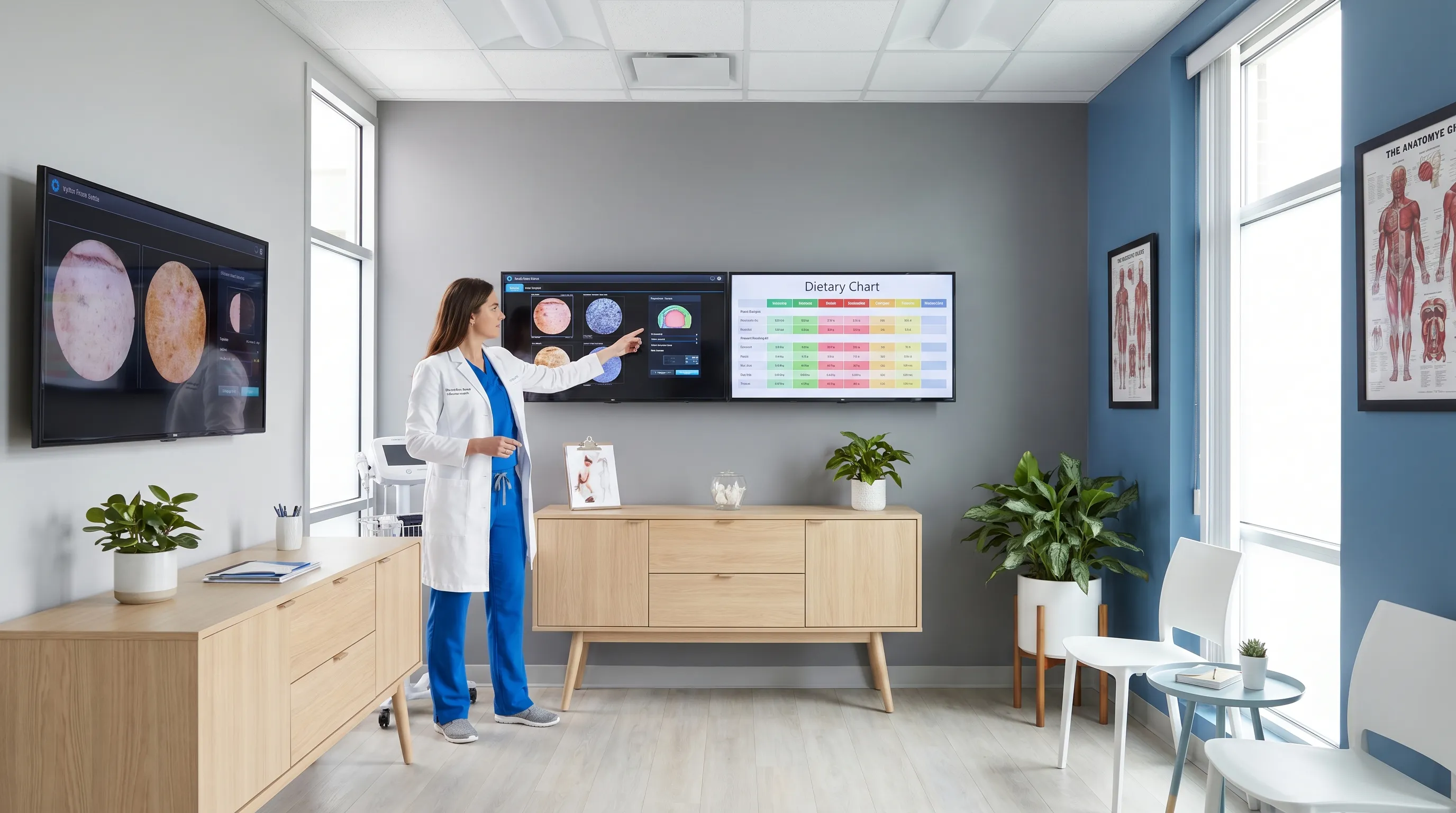 A dermatologist reviewing patient skin health data and dietary charts in a bright, modern clinic with gray and blue accent tones, emphasizing evidence-based dermatology practices.