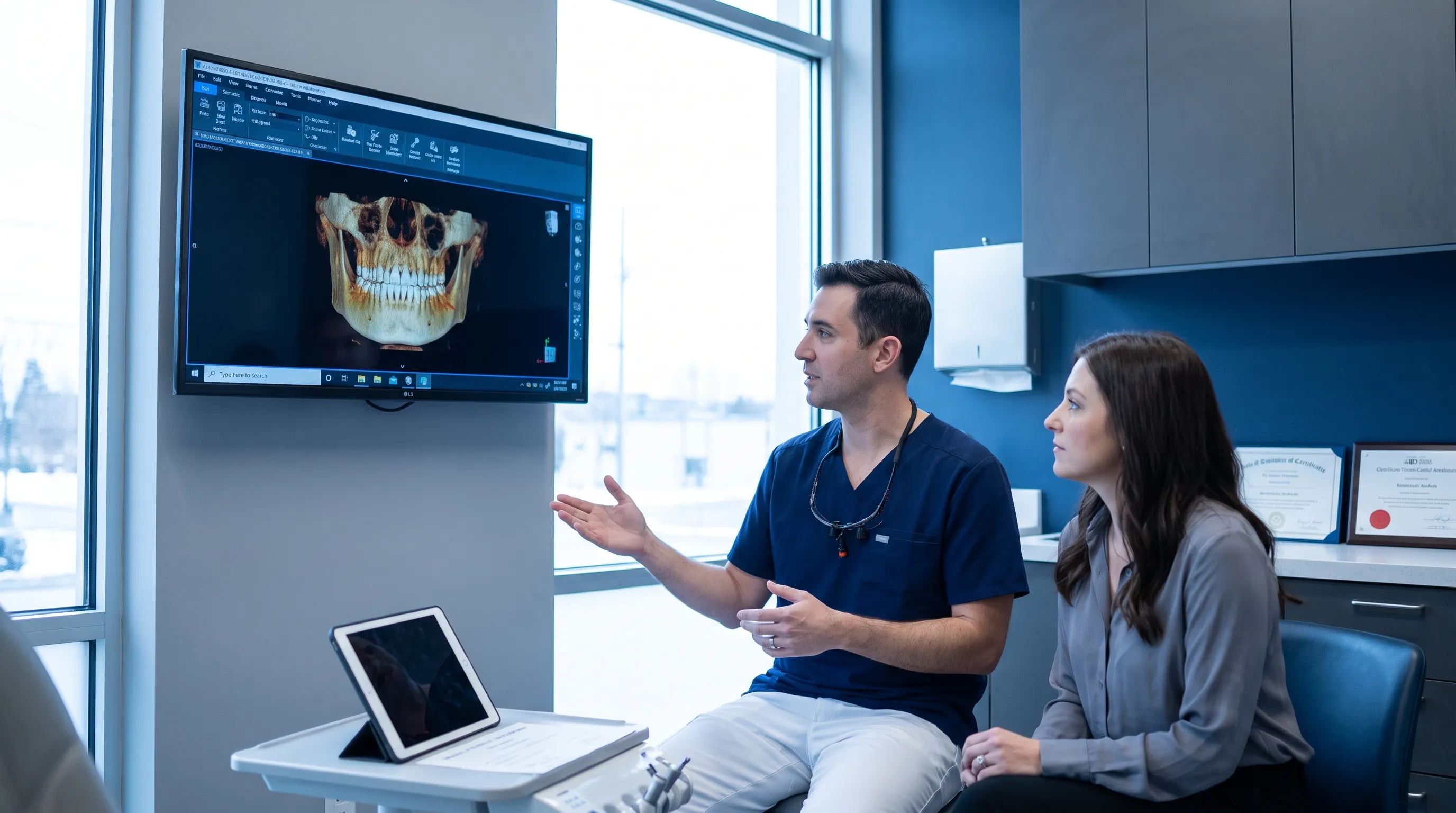 A dentist explaining a 3D CBCT jaw scan to a patient in a modern consultation room, professional healthcare environment, gray and blue color grading