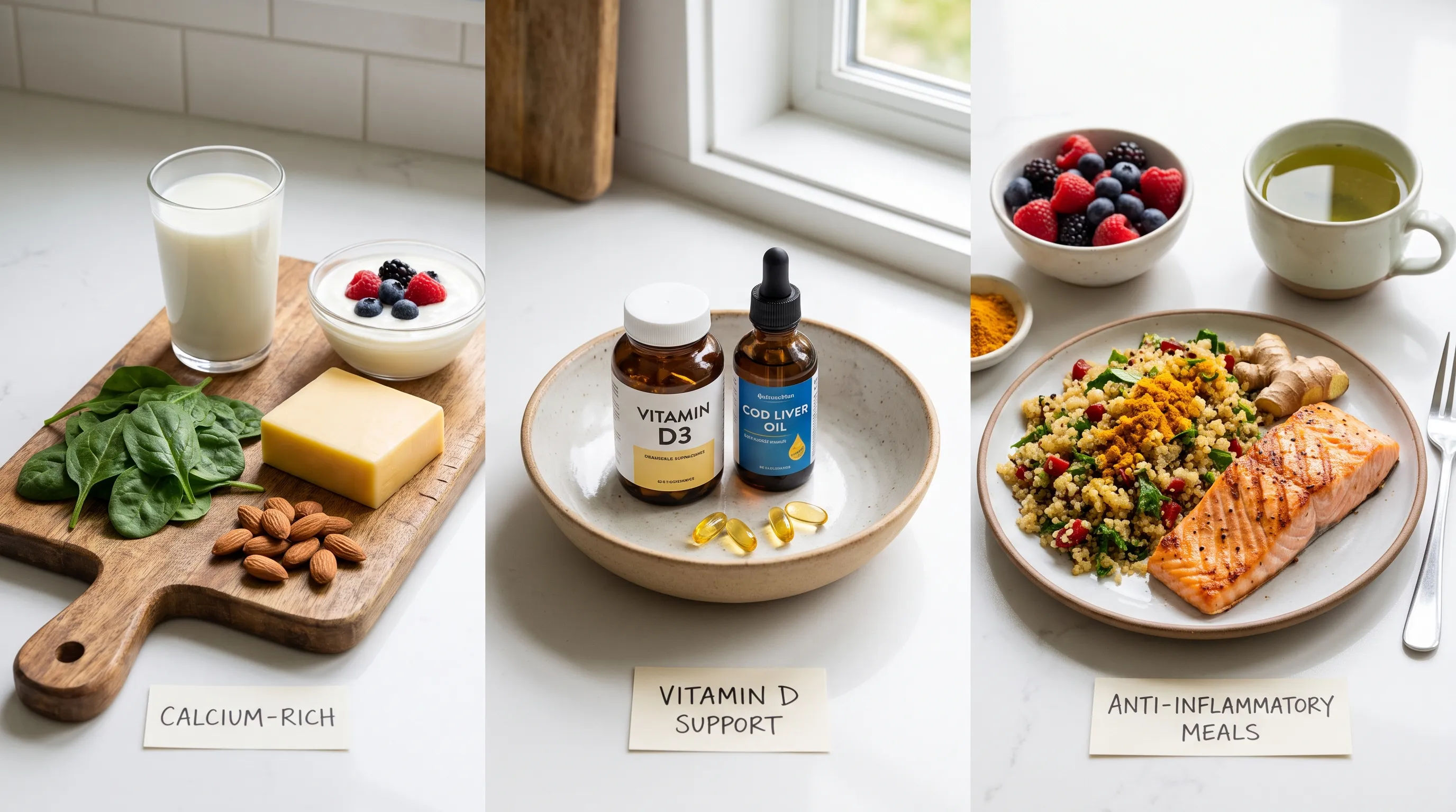 Nutritional display featuring calcium-rich foods, vitamin D supplements, and anti-inflammatory meals arranged on a clean kitchen counter, wellness photography style