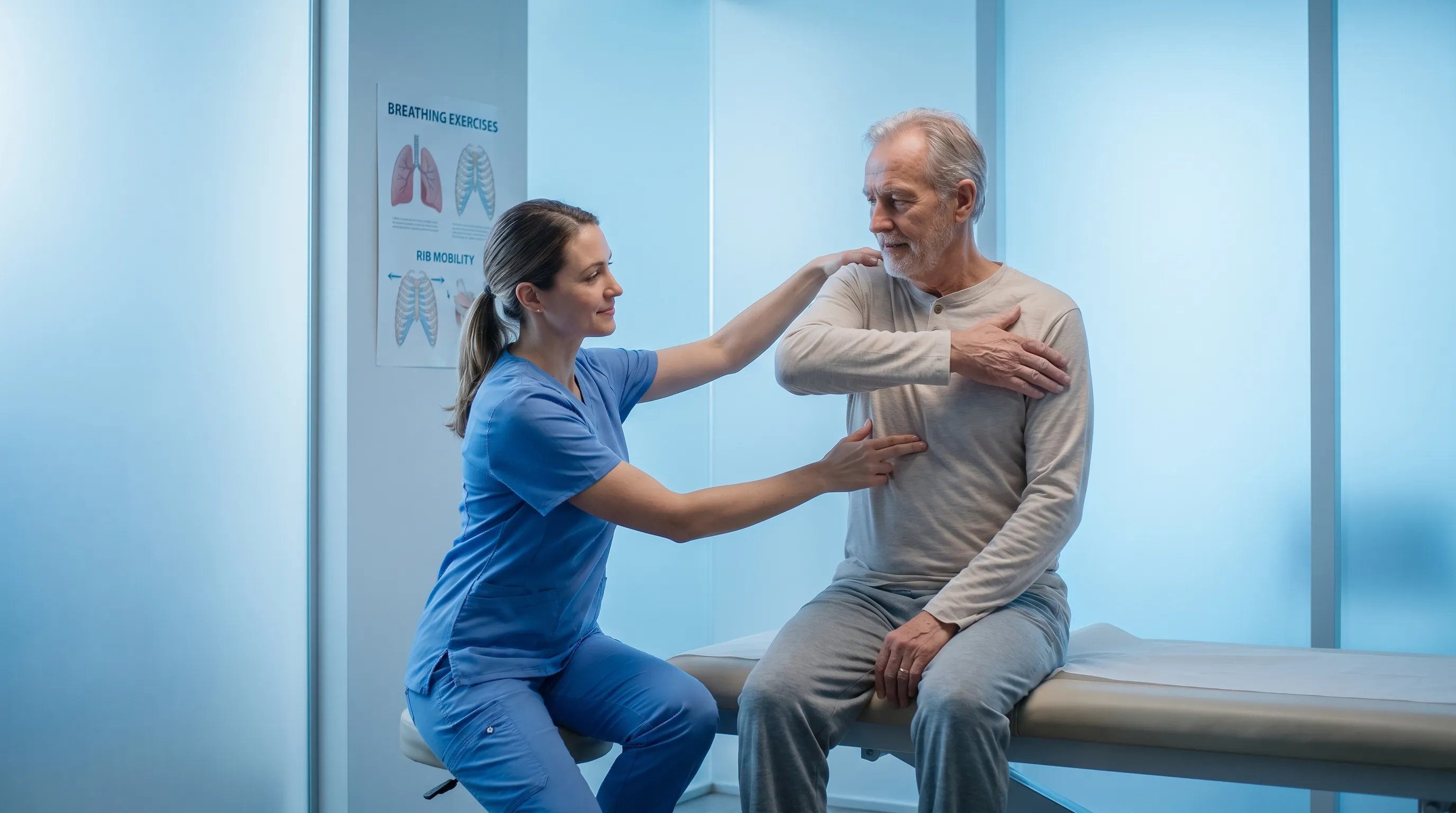 A medical professional demonstrating gentle rib cage stretching and breathing techniques to a patient in a clean clinical setting, soft blue lighting, educational healthcare photography