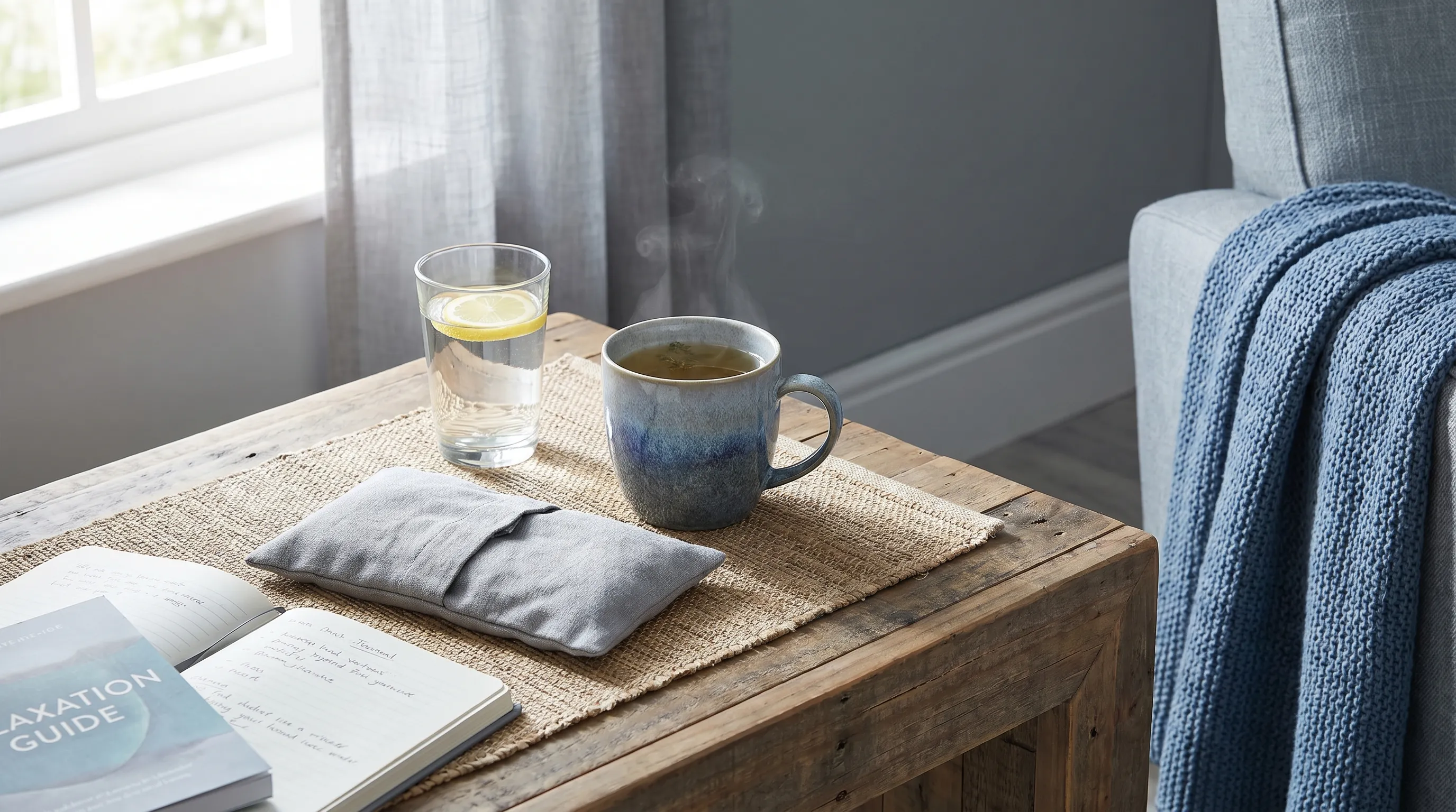 A peaceful home wellness scene with natural lighting showing a glass of water, warm tea, and a hot compress neatly arranged on a wooden table beside a journal and relaxation guide, gray and blue color palette, lifestyle wellness photography