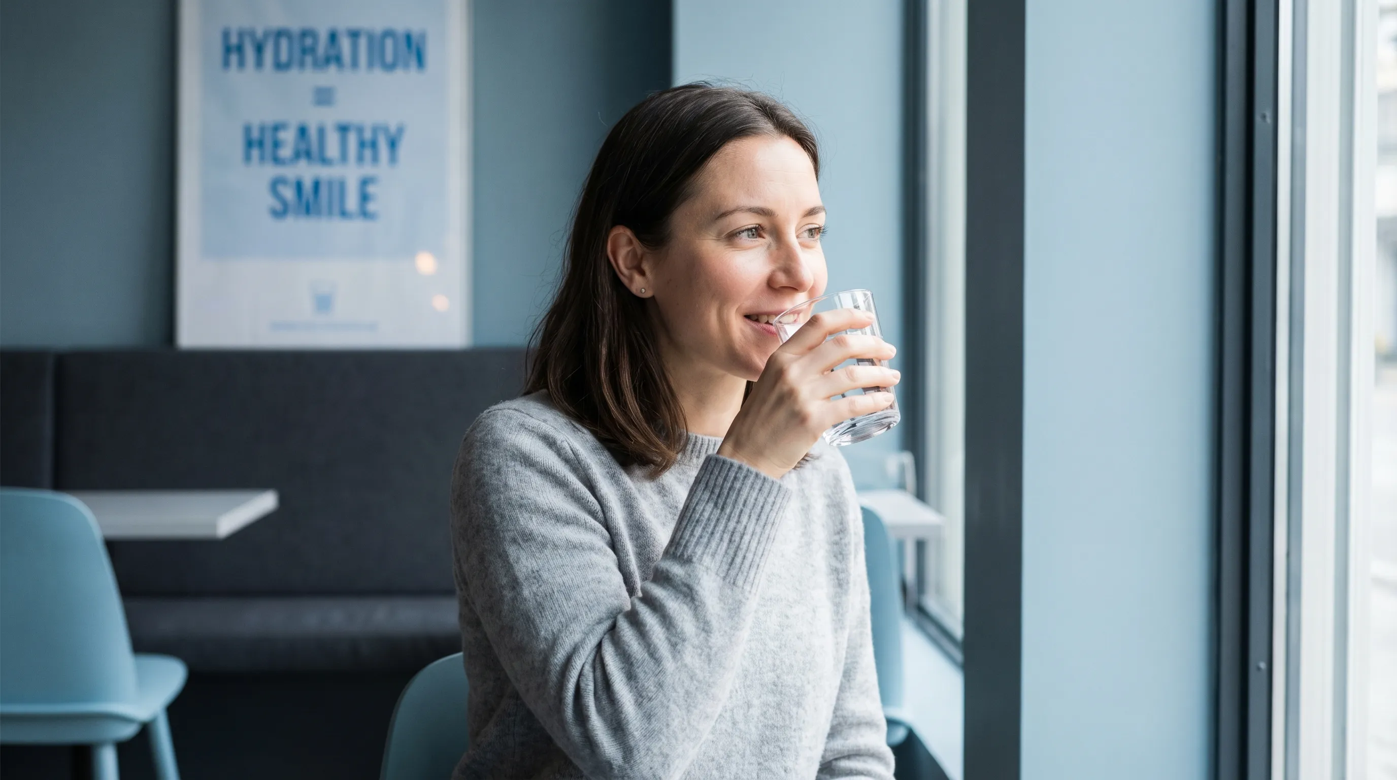 A woman drinking a glass of water to illustrate the importance of hydration for oral health.