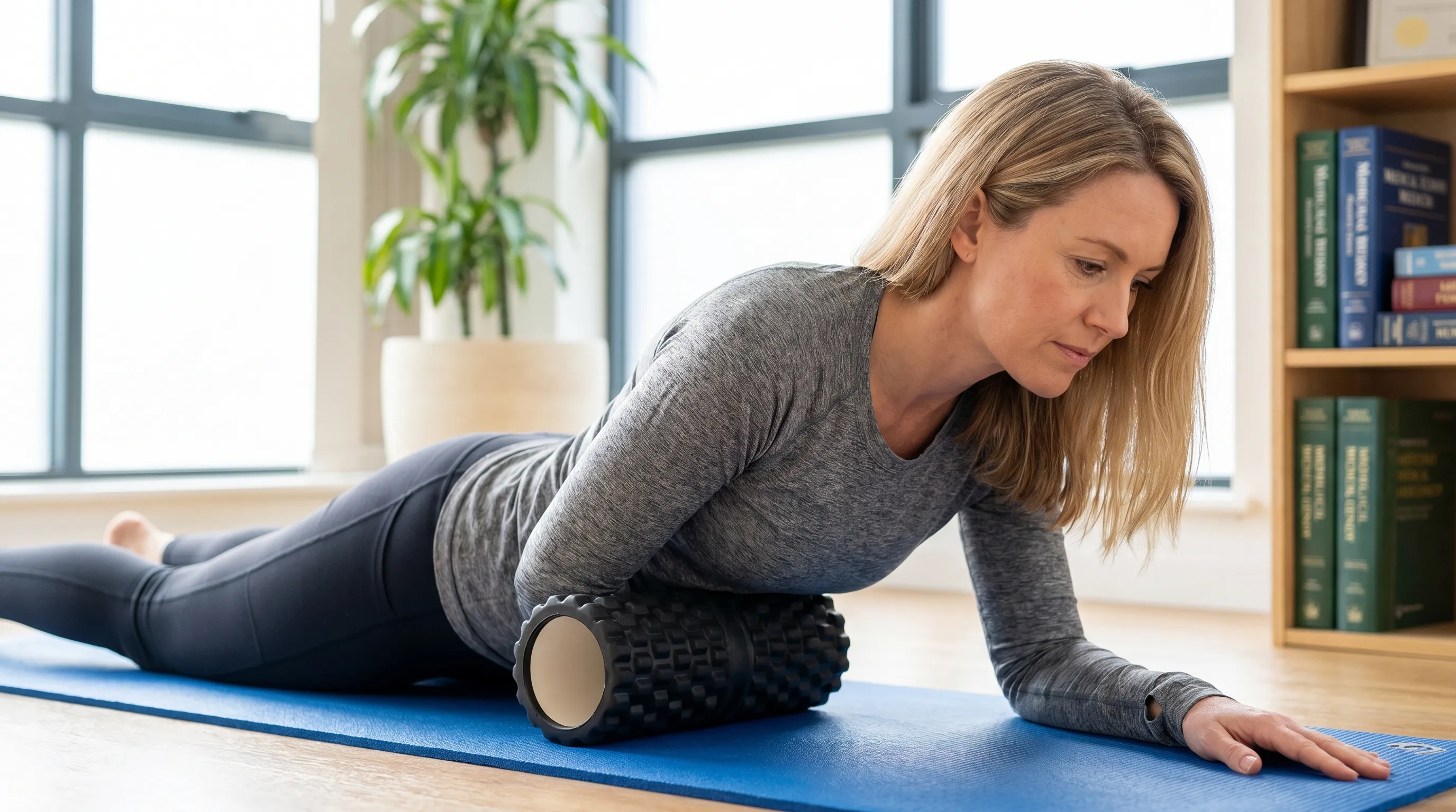 Woman experiencing left shoulder blade pain while working at a desk
