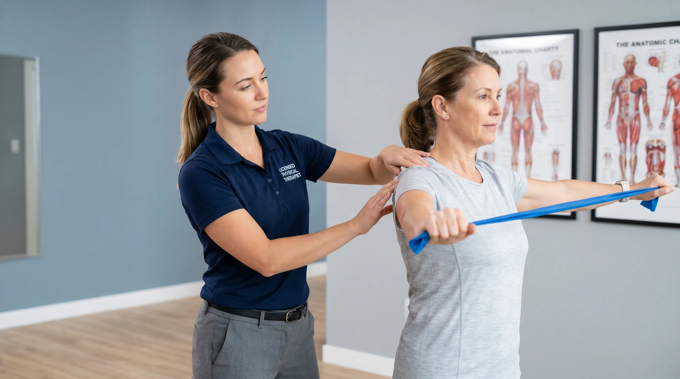 Physical therapist guiding a female patient through scapular stabilization exercises