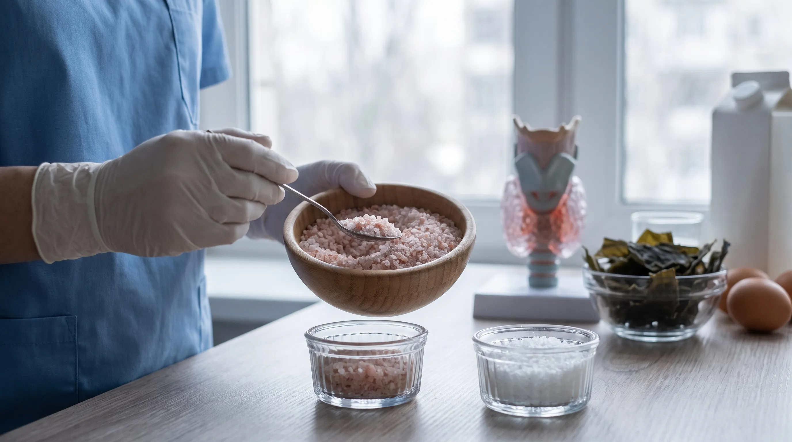 A professional dietitian explaining salt comparison on a kitchen counter, showing measuring spoons and two labeled jars of sea salt and iodized salt, soft gray and blue lighting, clinical lifestyle photography