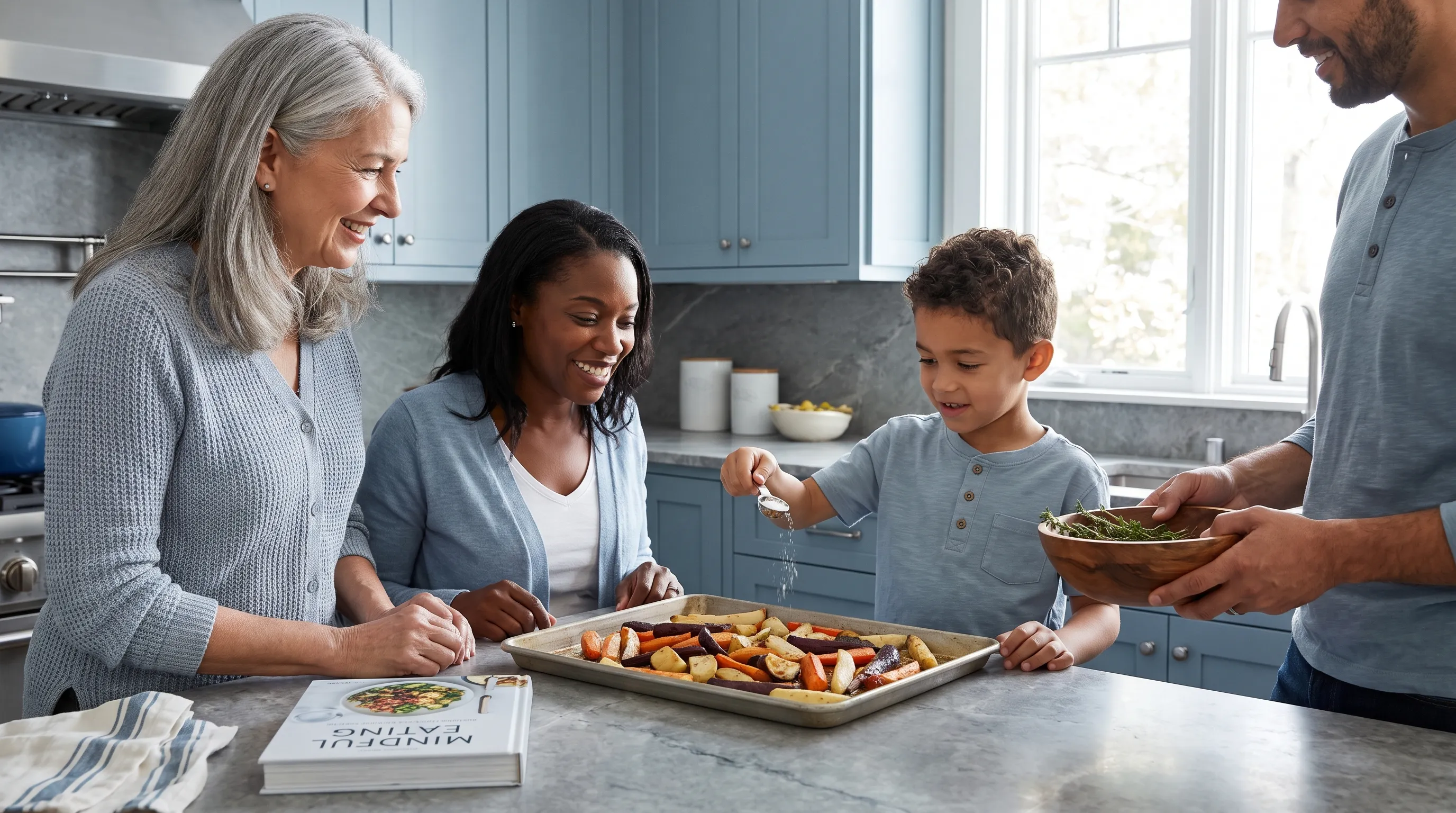 A healthy family preparing a balanced dinner, carefully sprinkling finishing salt from small ceramic dishes, focus on mindful cooking practices, modern kitchen with natural light, muted blue and gray color palette