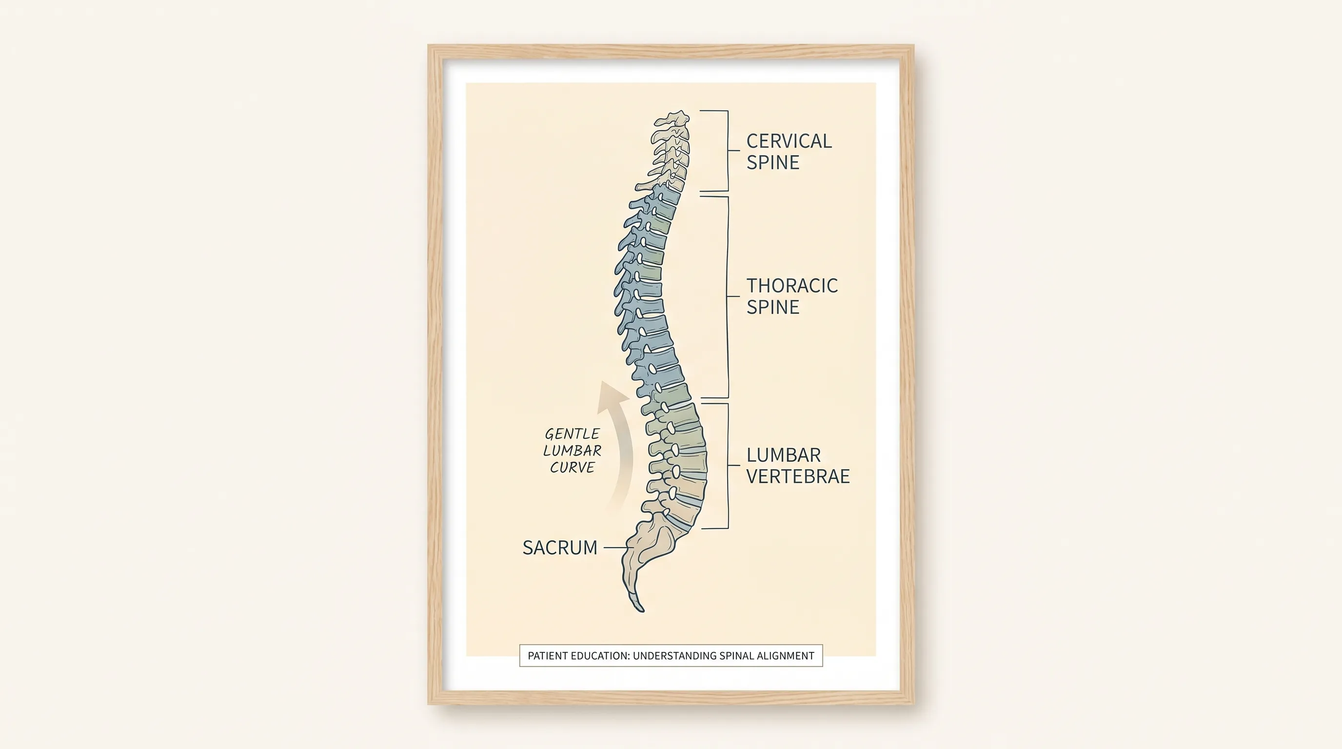 A clinical yet approachable anatomical illustration of a human spine highlighting a gentle leftward lumbar curve with subtle anatomical labels, designed for patient education