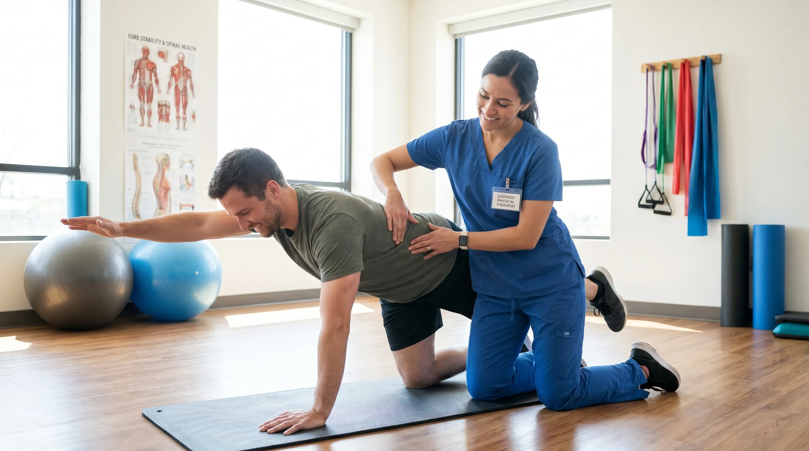 A licensed physical therapist guiding a patient through targeted core stabilization and stretching exercises in a modern rehabilitation clinic, emphasizing proper spinal form and alignment