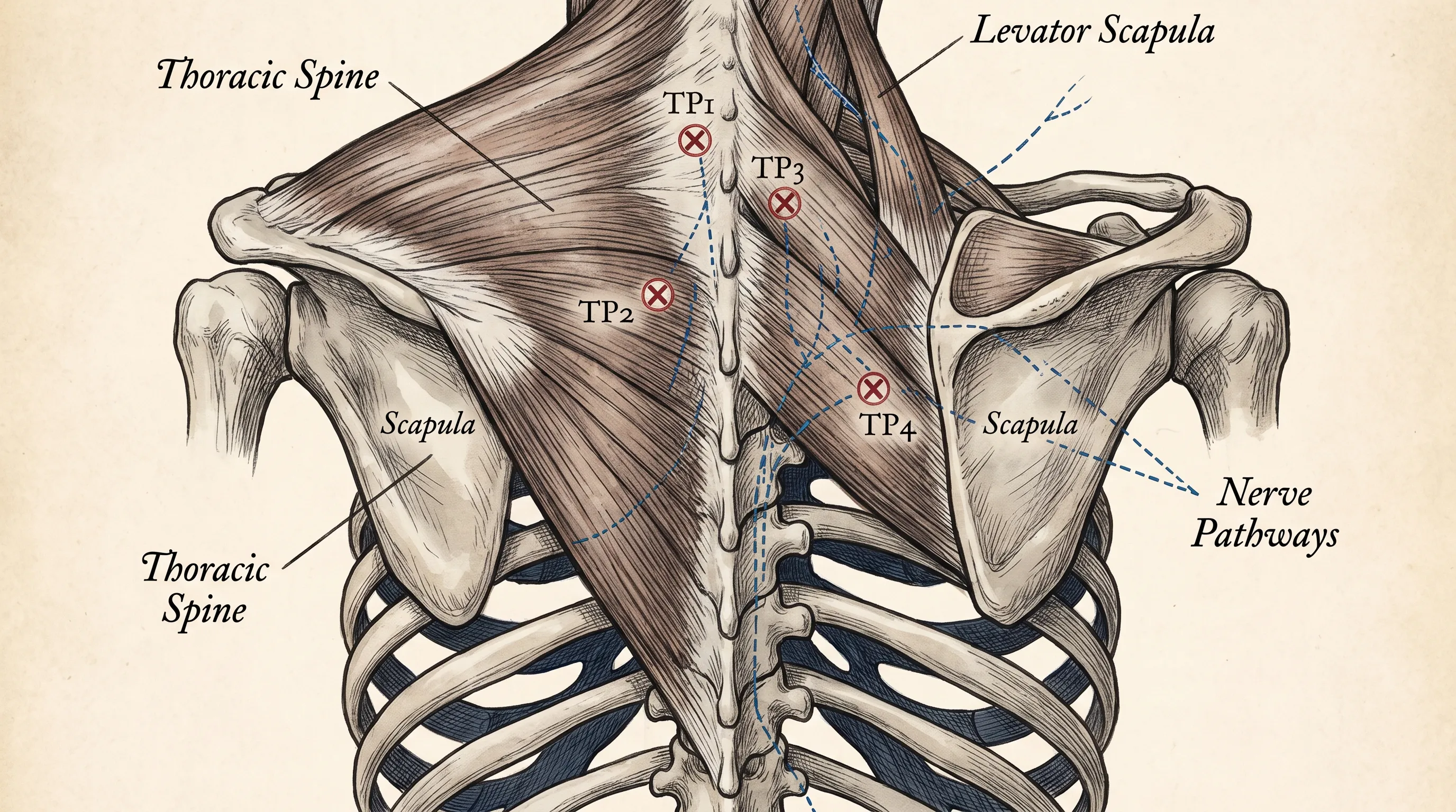 Close-up anatomical illustration of the thoracic spine and scapular musculature highlighting key muscle groups and nerve pathways
