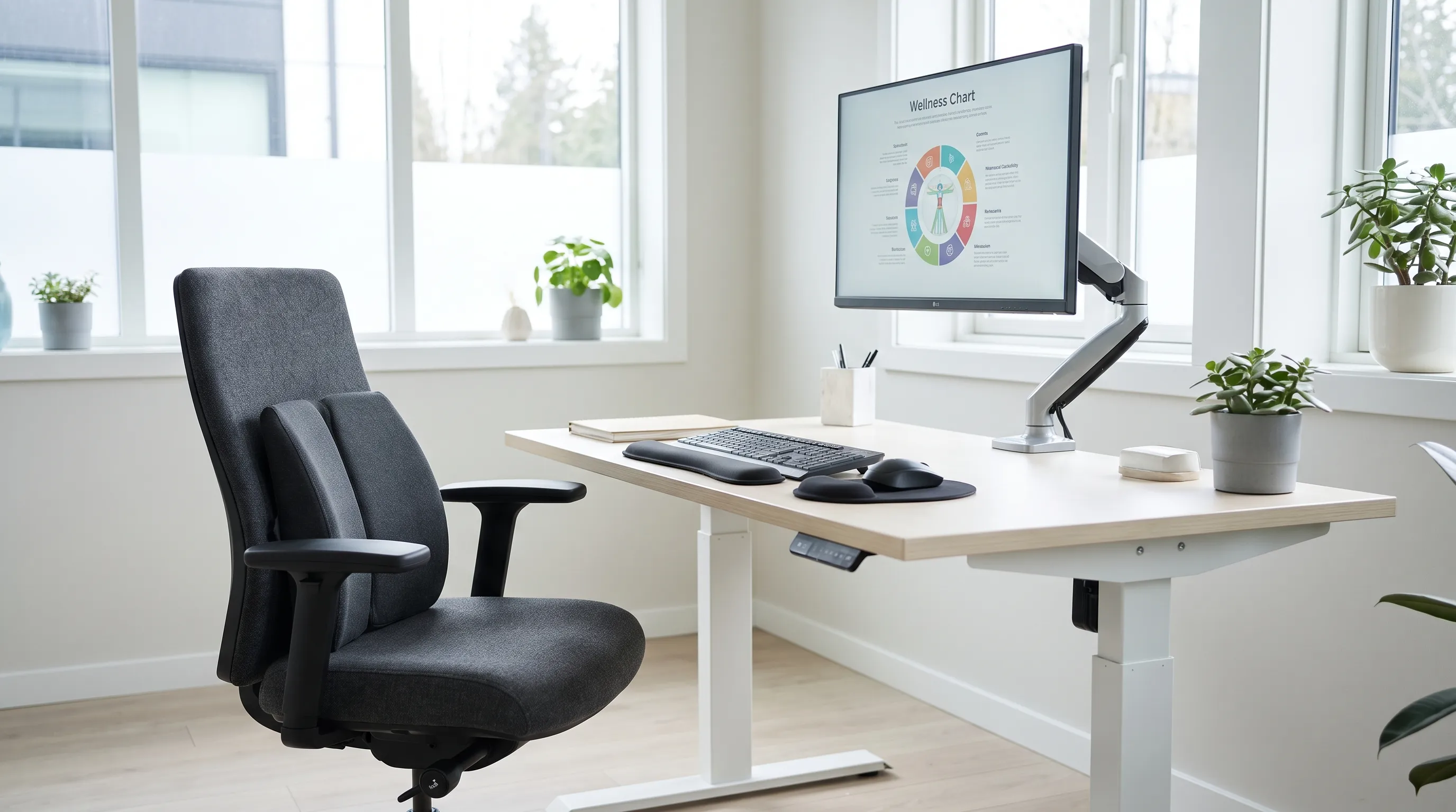 Professional ergonomic office setup with adjustable chair, lumbar support, properly aligned monitor, and wrist rest in natural lighting