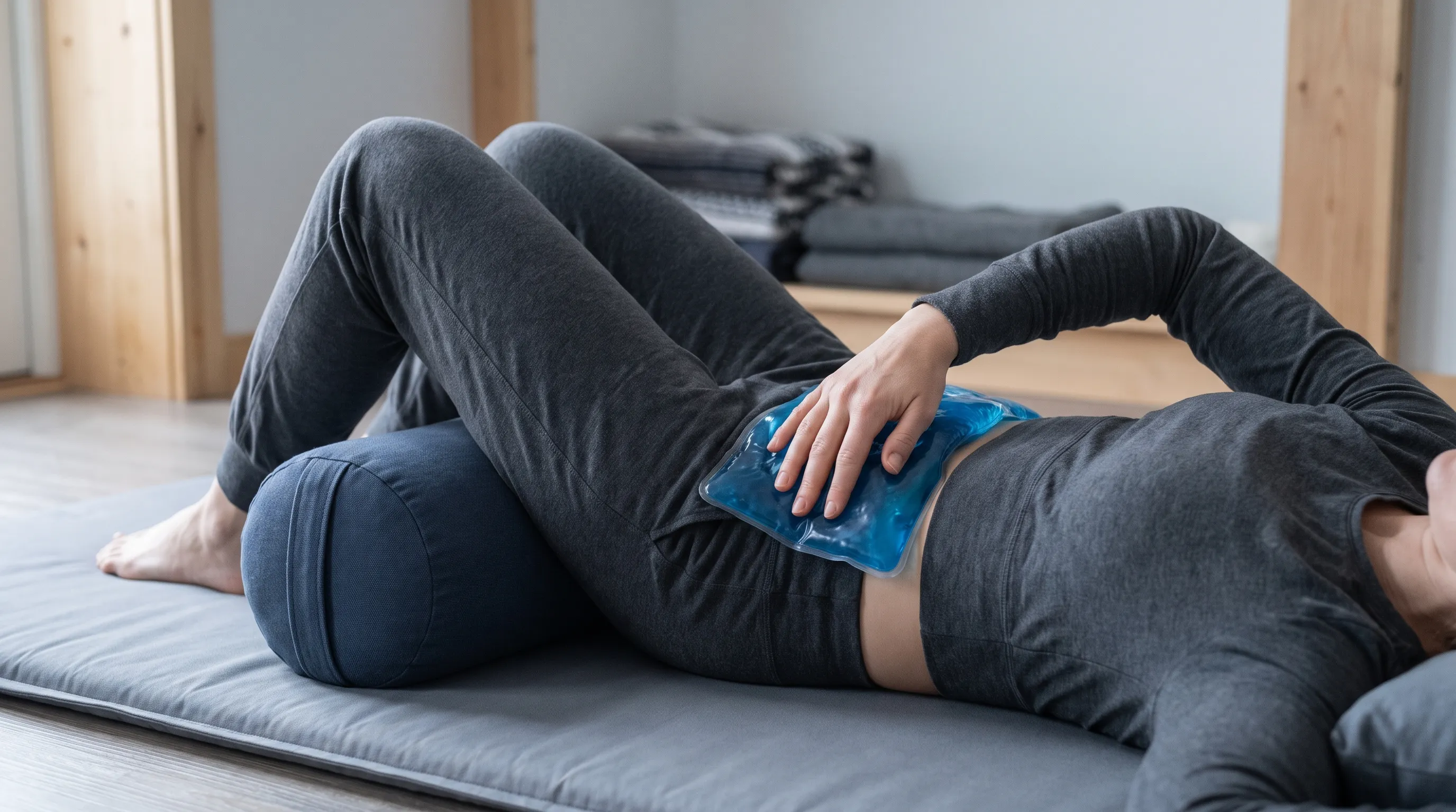 A person carefully placing a flexible cold gel pack on their lower back while lying comfortably on a therapy mat, emphasizing proper technique