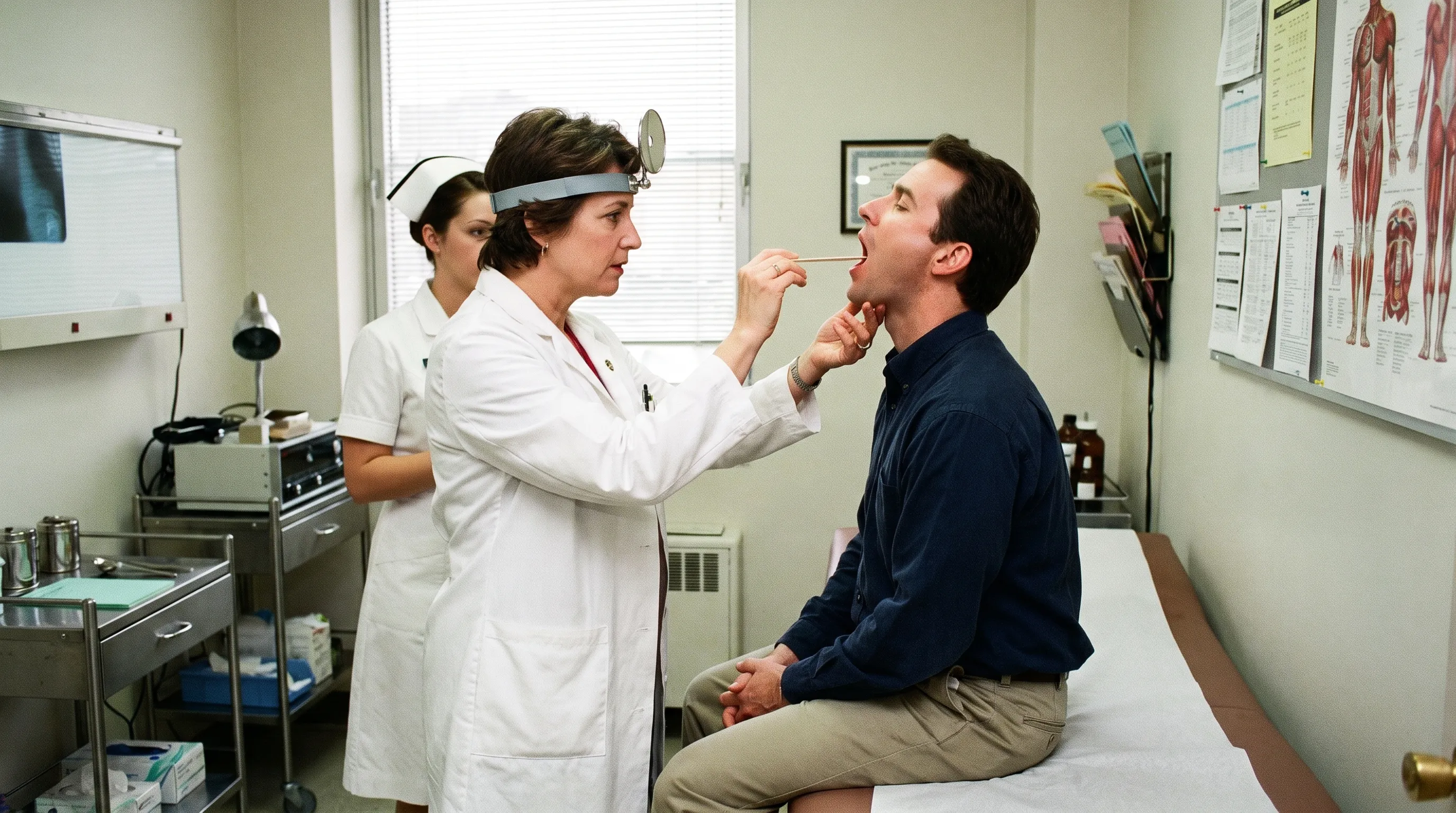 Doctor examining a patient's throat with a tongue depressor in a clinical setting