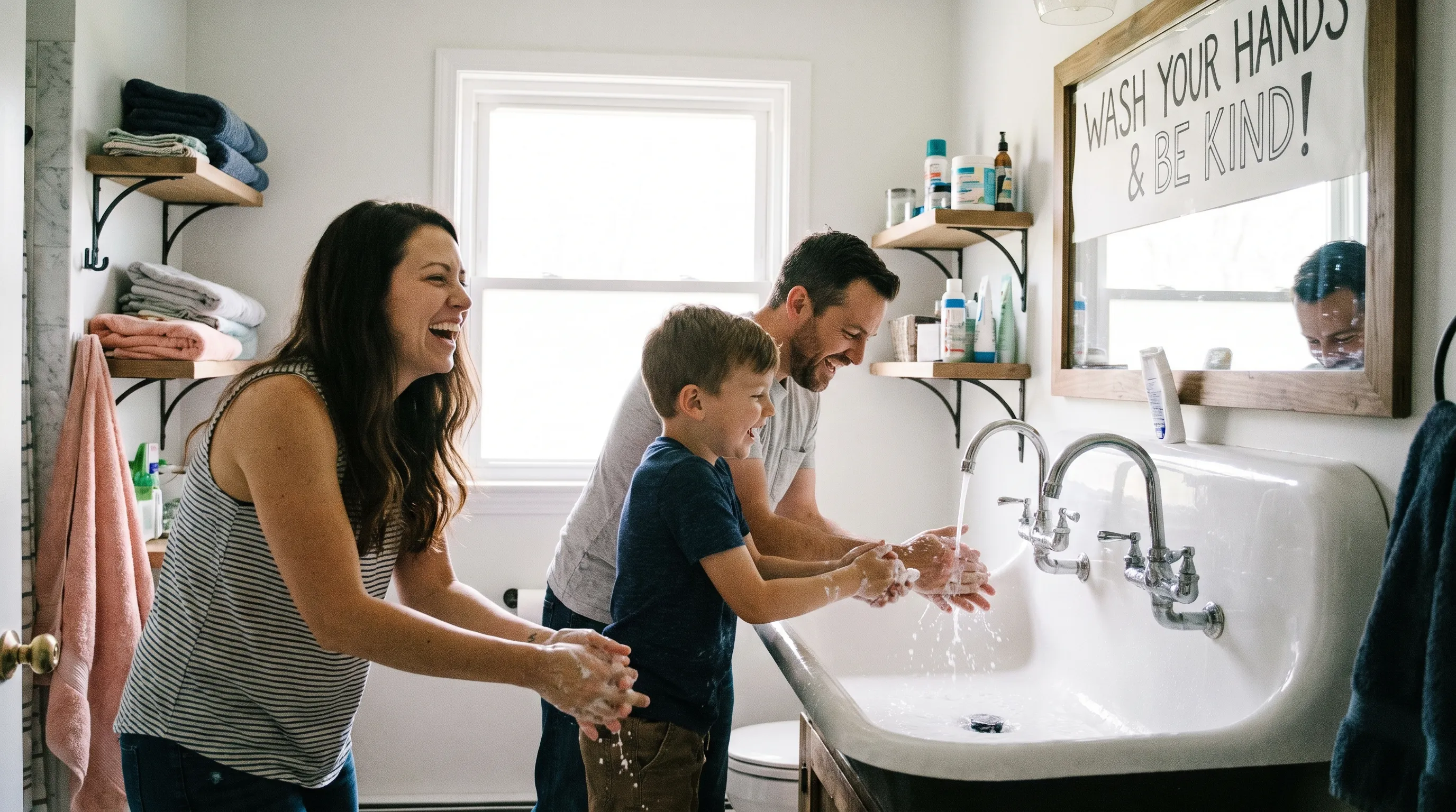 Family practicing handwashing and hygiene at a bathroom sink