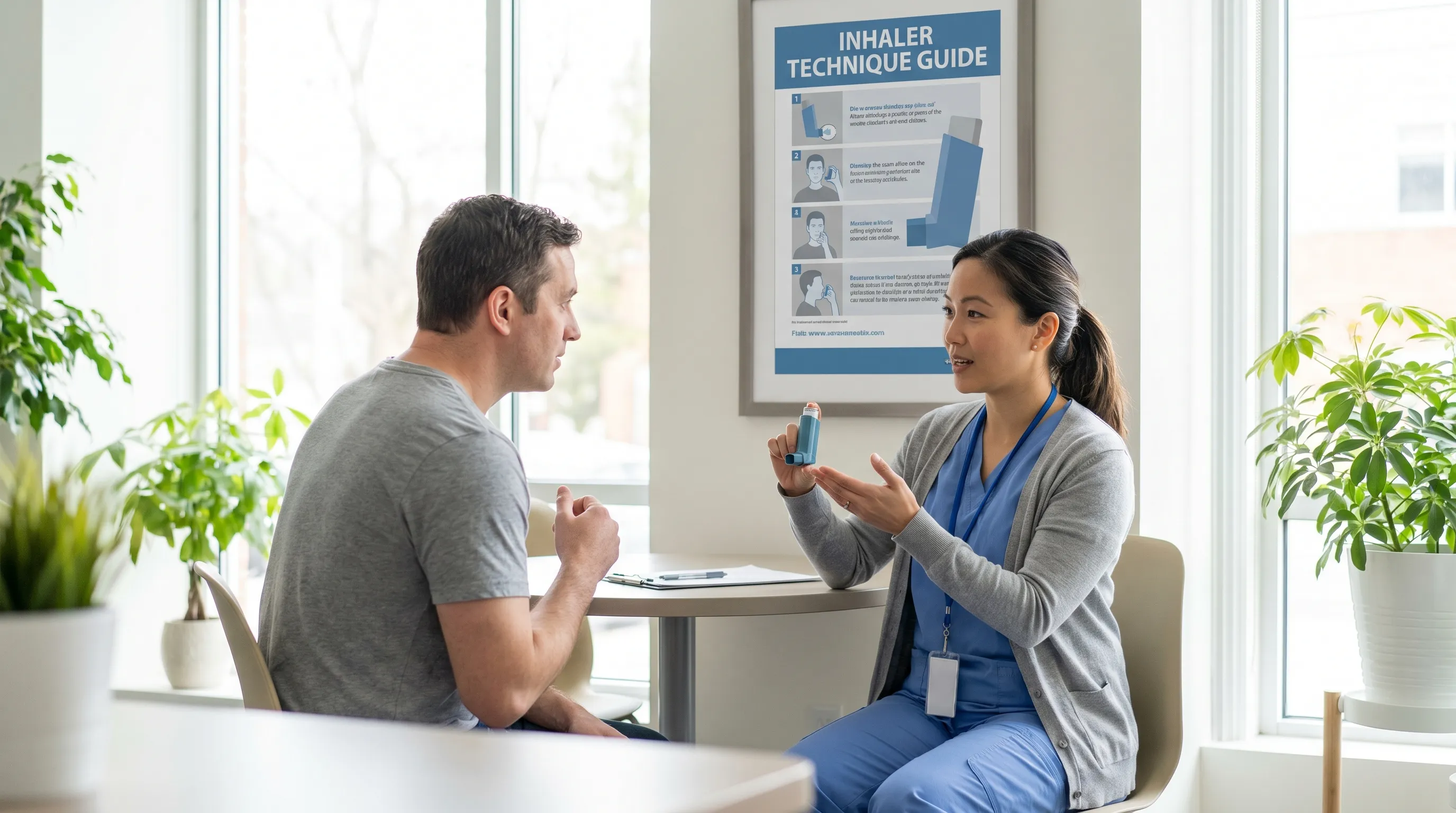 Healthcare professional calmly demonstrating inhaler administration steps to an adult patient in a modern respiratory clinic