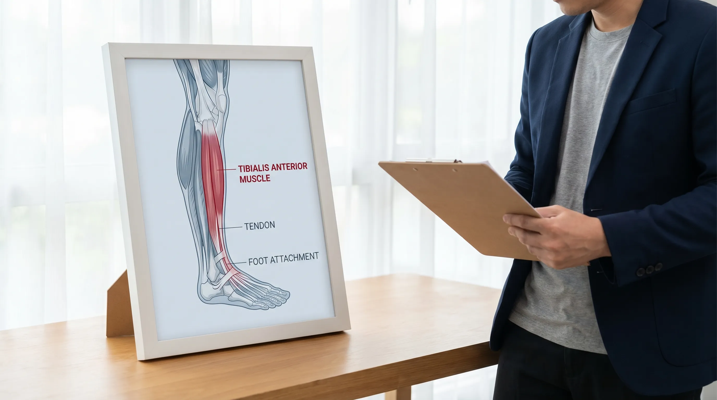 Anatomical diagram of the lower leg highlighting the tibialis anterior muscle in red. The tendon is shown running down the front of the ankle and attaching to the top of the foot.