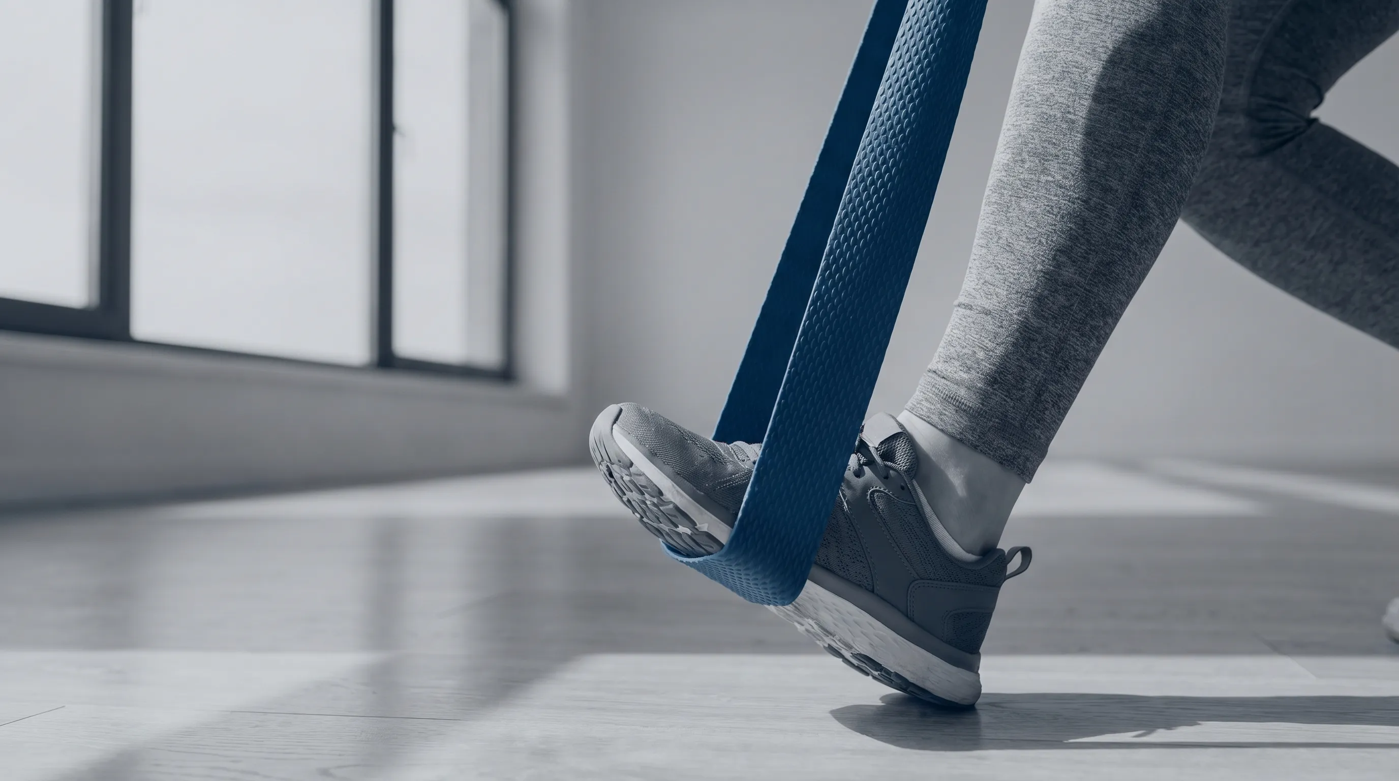 A person performing resistance band dorsiflexion to strengthen the tibialis anterior muscle. The band is looped around the forefoot, providing resistance as the foot is pulled upward.