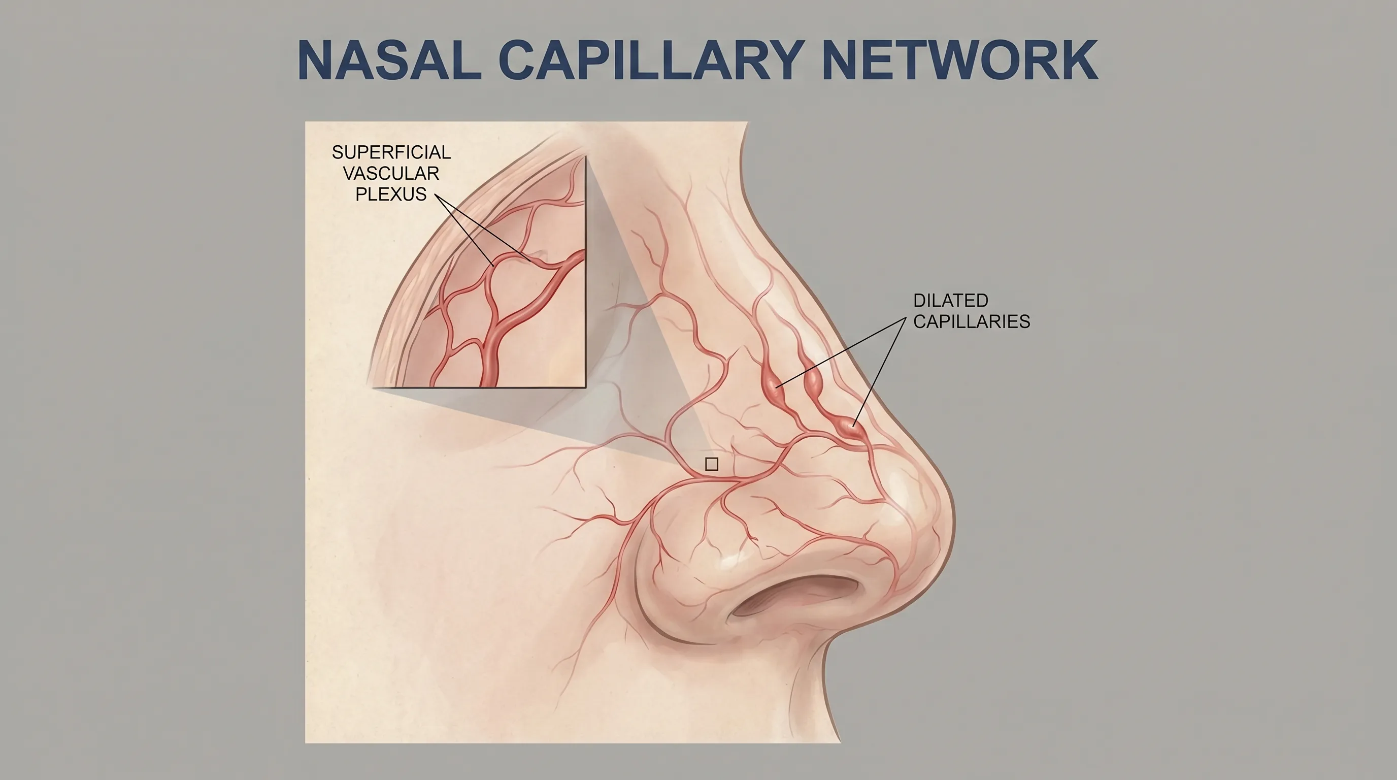A professional dermatology illustration showing the superficial vascular network of the human nose, highlighting dilated capillaries against clear skin, neutral gray background, medical diagram style