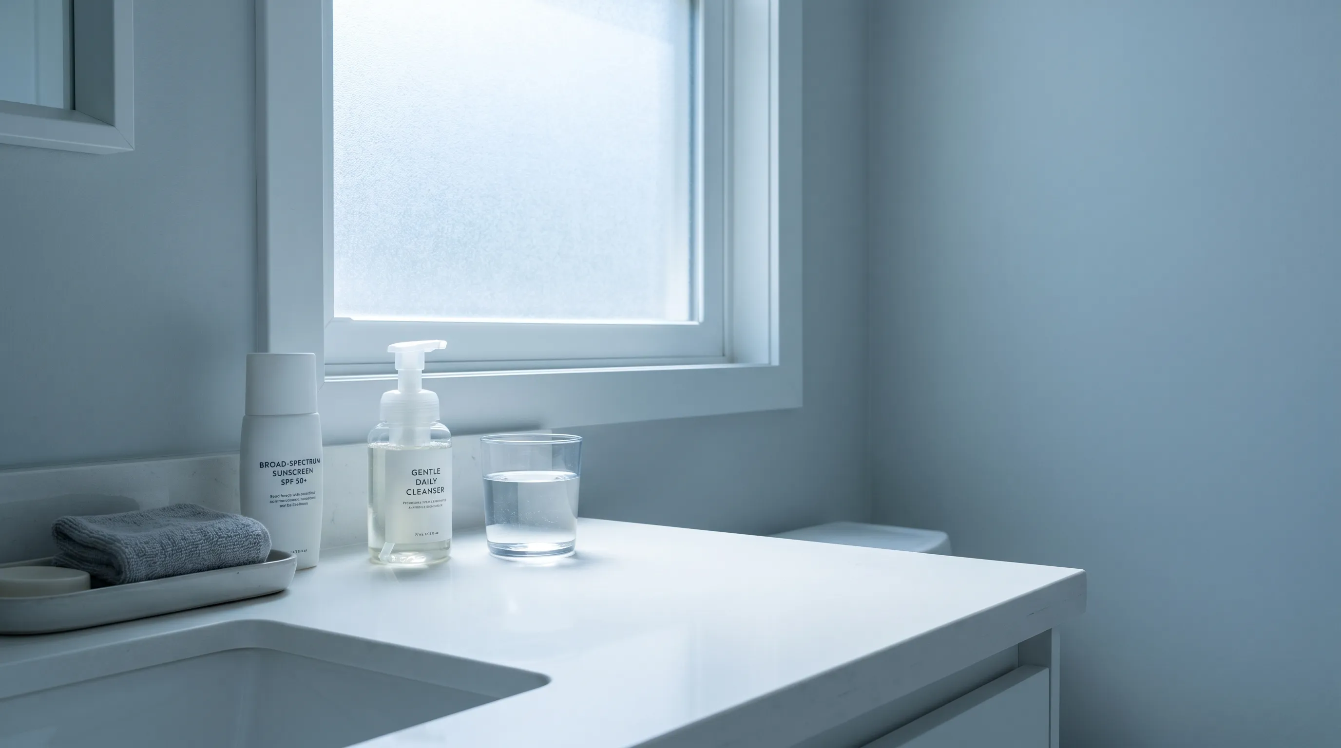 A clean, modern bathroom counter with a broad-spectrum sunscreen bottle, gentle cleanser, and a glass of water, shot in soft blue-gray lighting with a minimalist aesthetic, emphasizing daily skincare routines