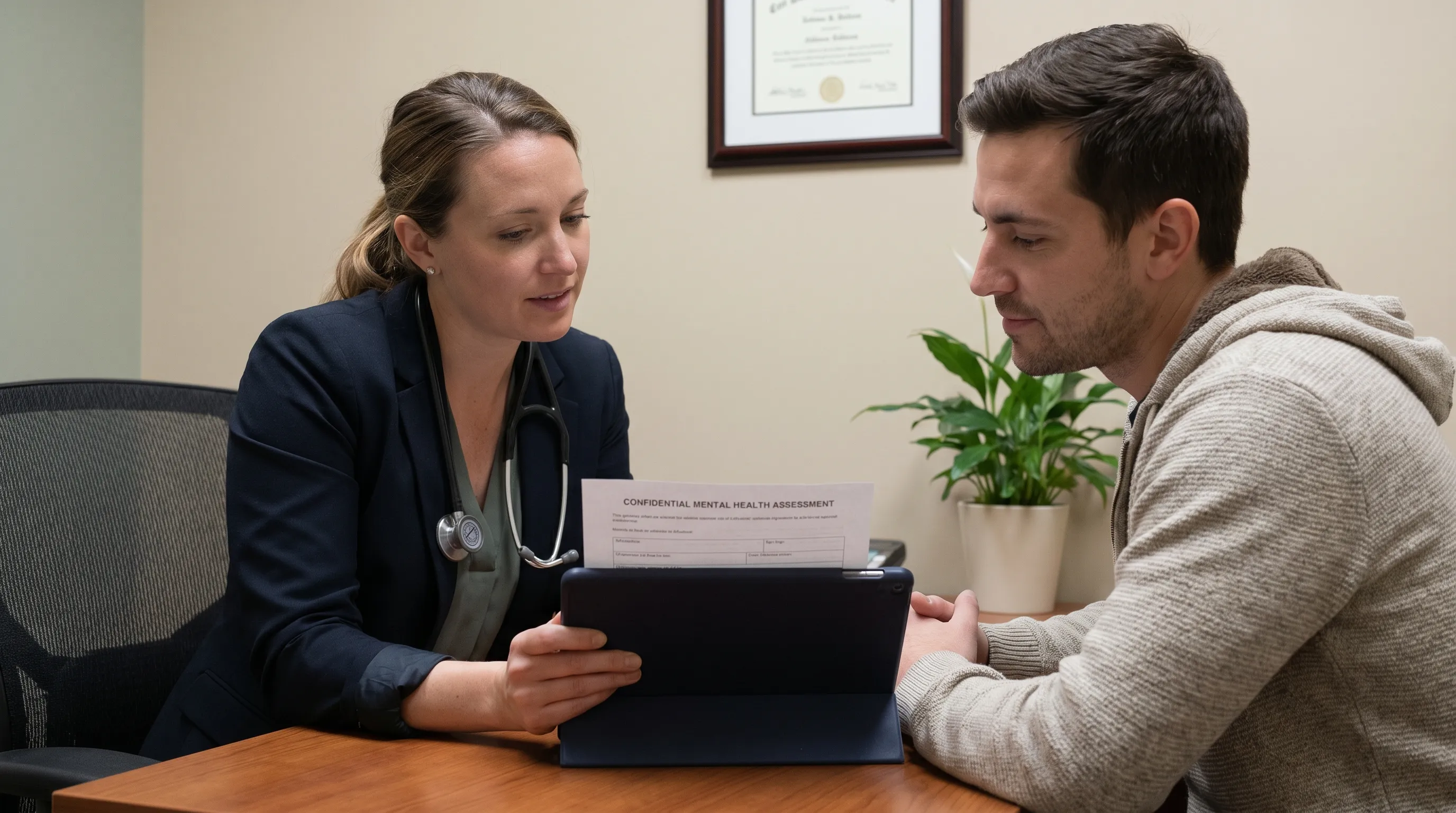 A professional healthcare consultation scene with a clinician reviewing clinical documentation with a patient, emphasizing mental health assessment, neutral tones, realistic medical office setting, high resolution