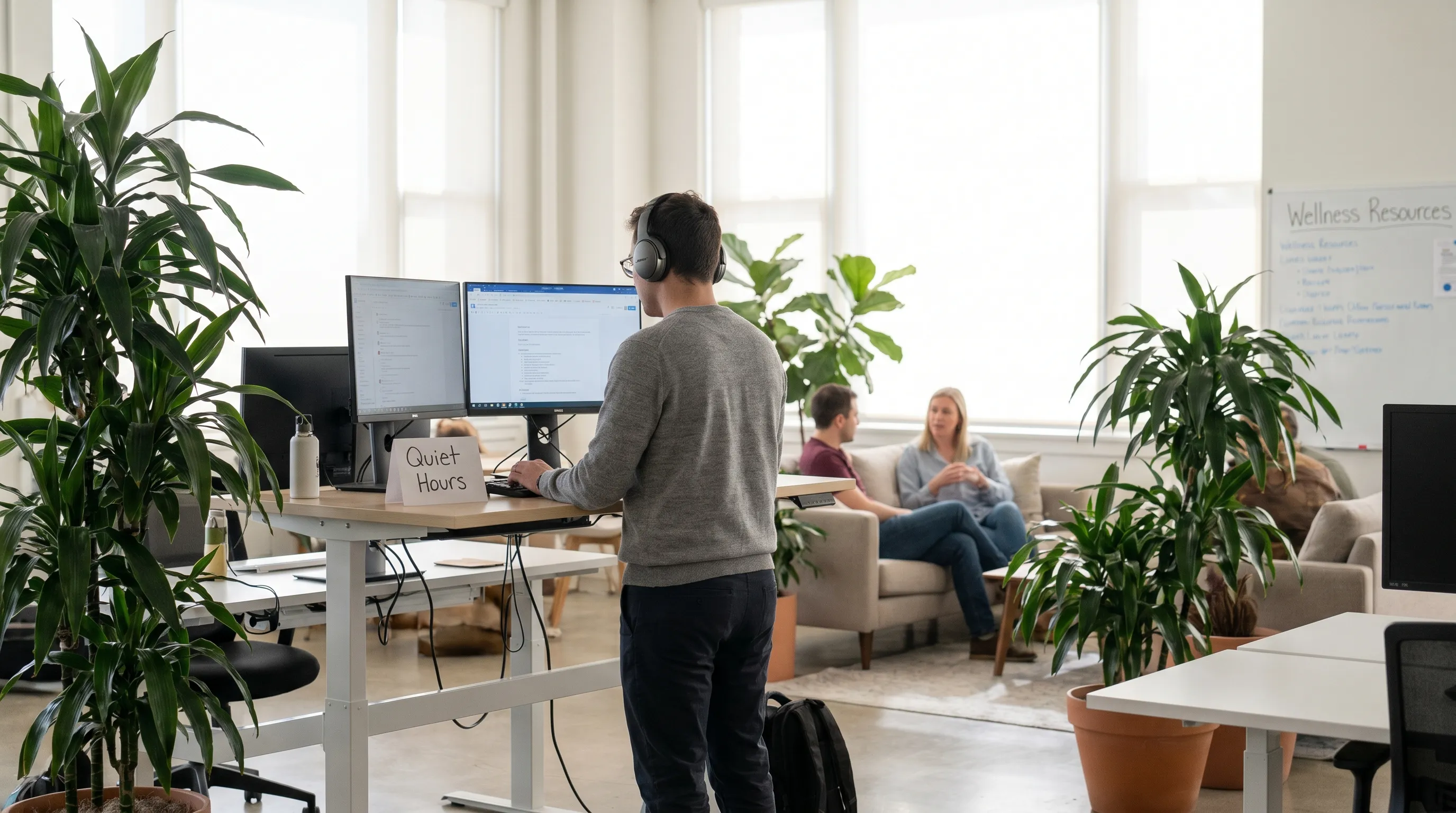 A supportive workplace environment showing an employee using noise-canceling headphones and a standing desk, with natural lighting and a calm atmosphere, representing reasonable accommodations for mental health