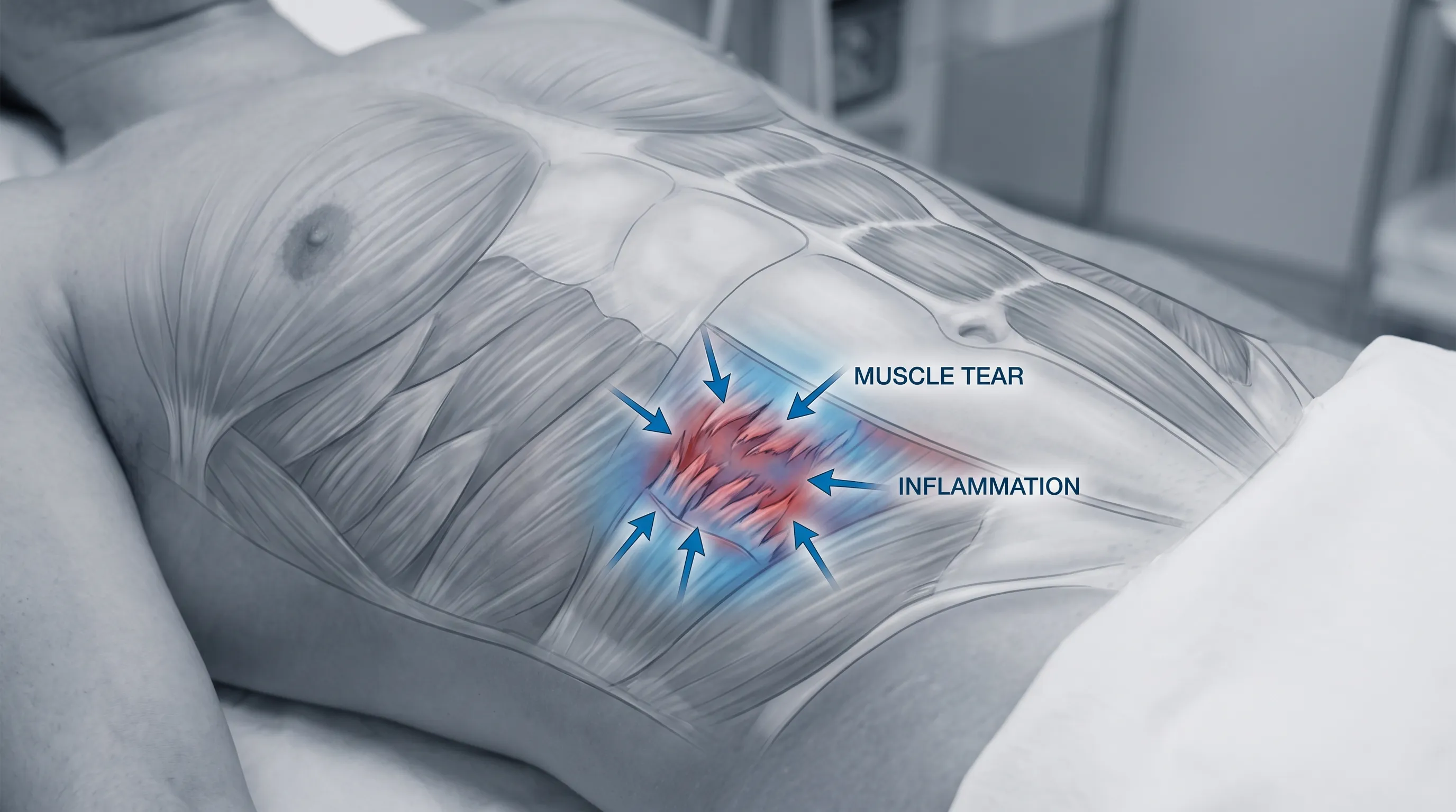 Medical illustration overlay showing the layered anatomy of the anterior abdominal wall with a localized area of muscle fiber disruption and inflammation, clinical photography style, gray and blue color grading, 4:3 ratio
