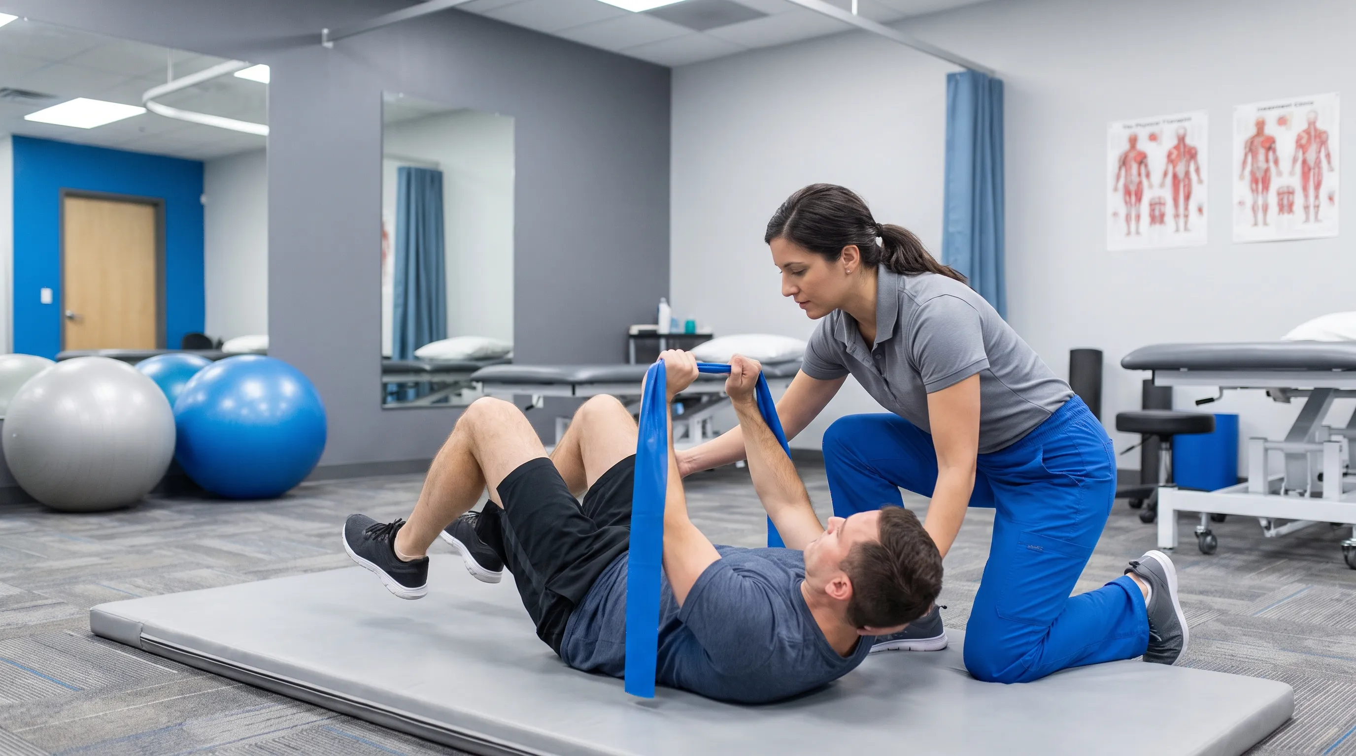 A physical therapist guiding a patient through progressive core stability exercises using a resistance band in a clean rehabilitation clinic, focused on proper form and controlled movement, professional healthcare setting, gray and blue tones, 4:3 ratio