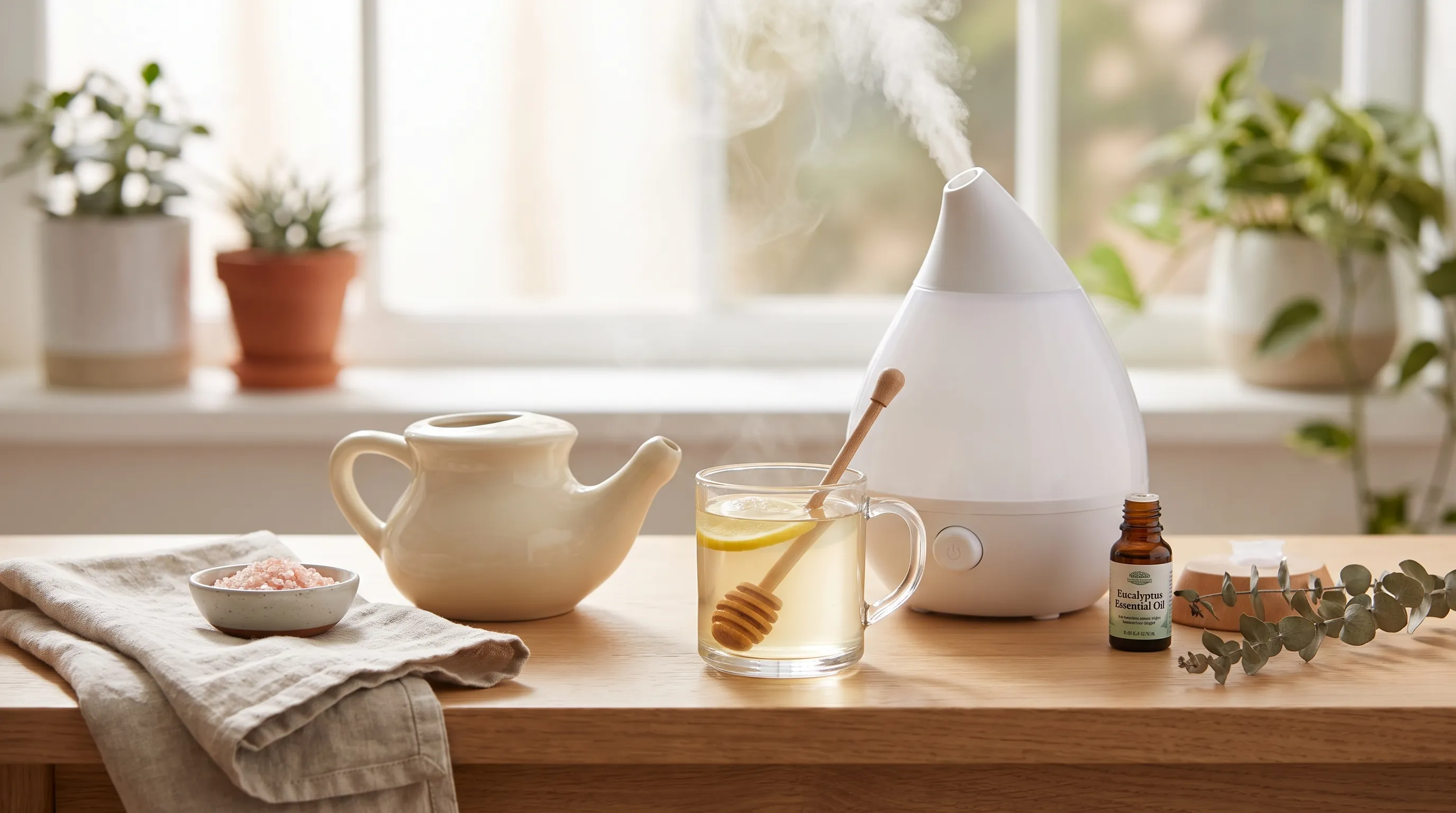 A well-lit kitchen counter displaying natural sinus relief items like a neti pot, herbal teas, and a humidifier, conveying a soothing approach to respiratory care
