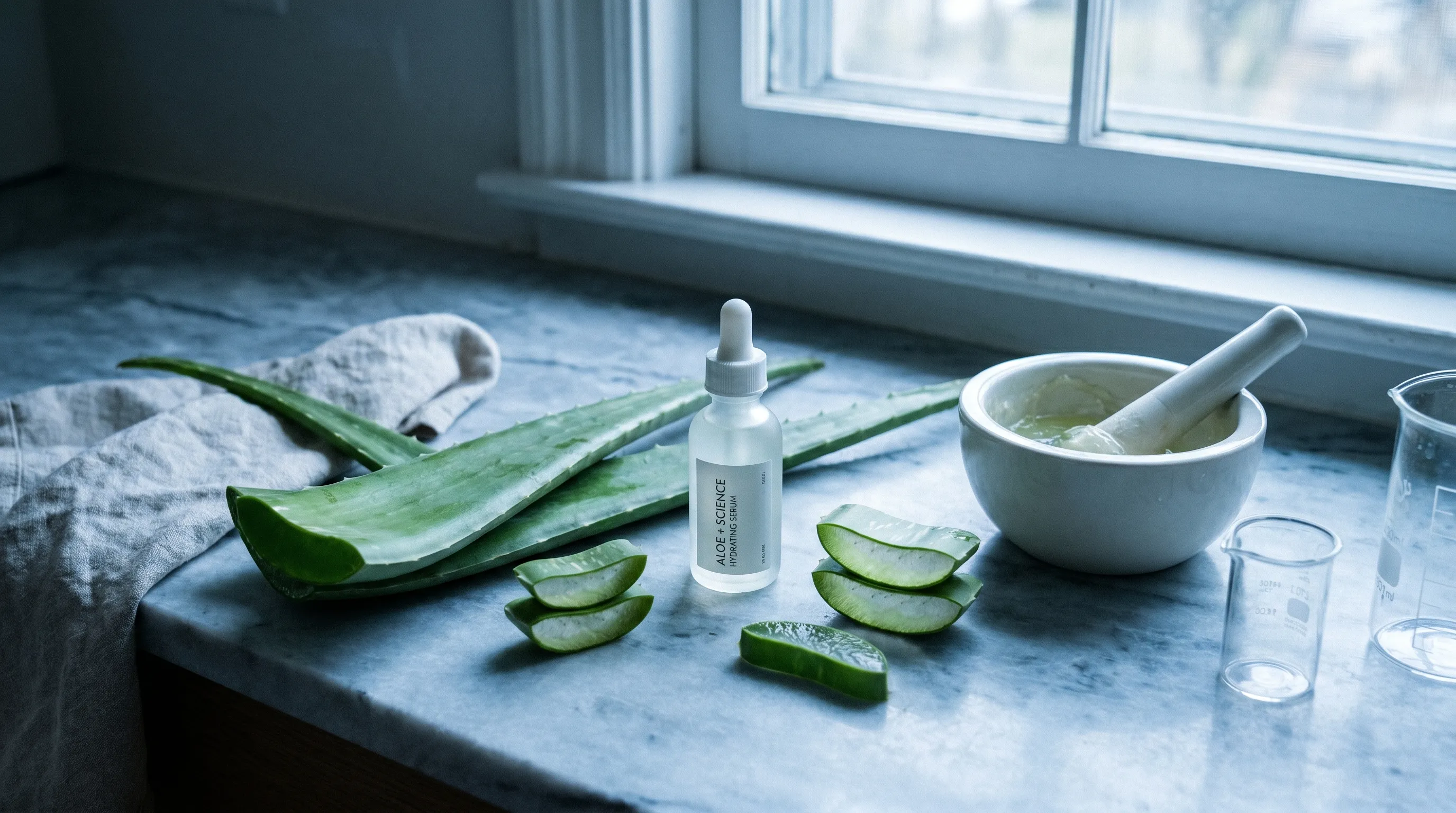 Wellness lifestyle scene featuring a curated arrangement of pure aloe vera leaves next to a minimalist skincare dropper bottle on a marble countertop. Cool gray and blue lighting, emphasizing natural ingredients and scientific formulation.
