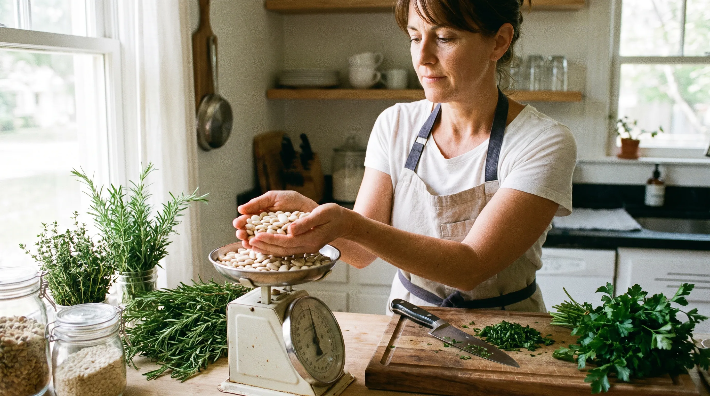 A nutritionist carefully measuring dried lima beans next to fresh herbs and a wooden cutting board
