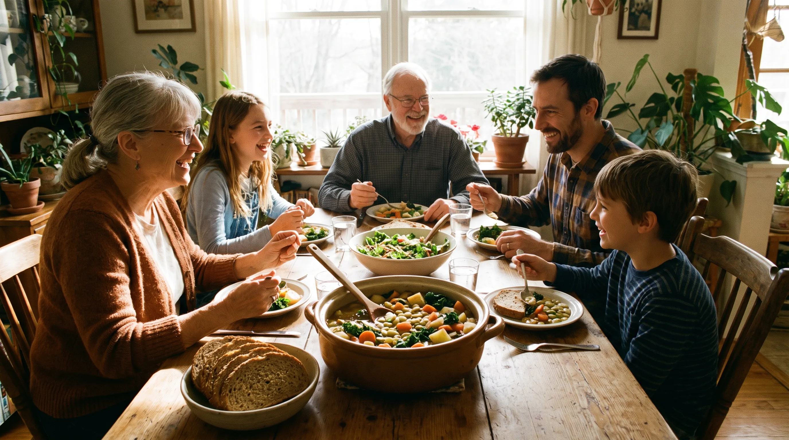 A family enjoying a wholesome lima bean stew with fresh vegetables and whole grains at a sunlit dining table