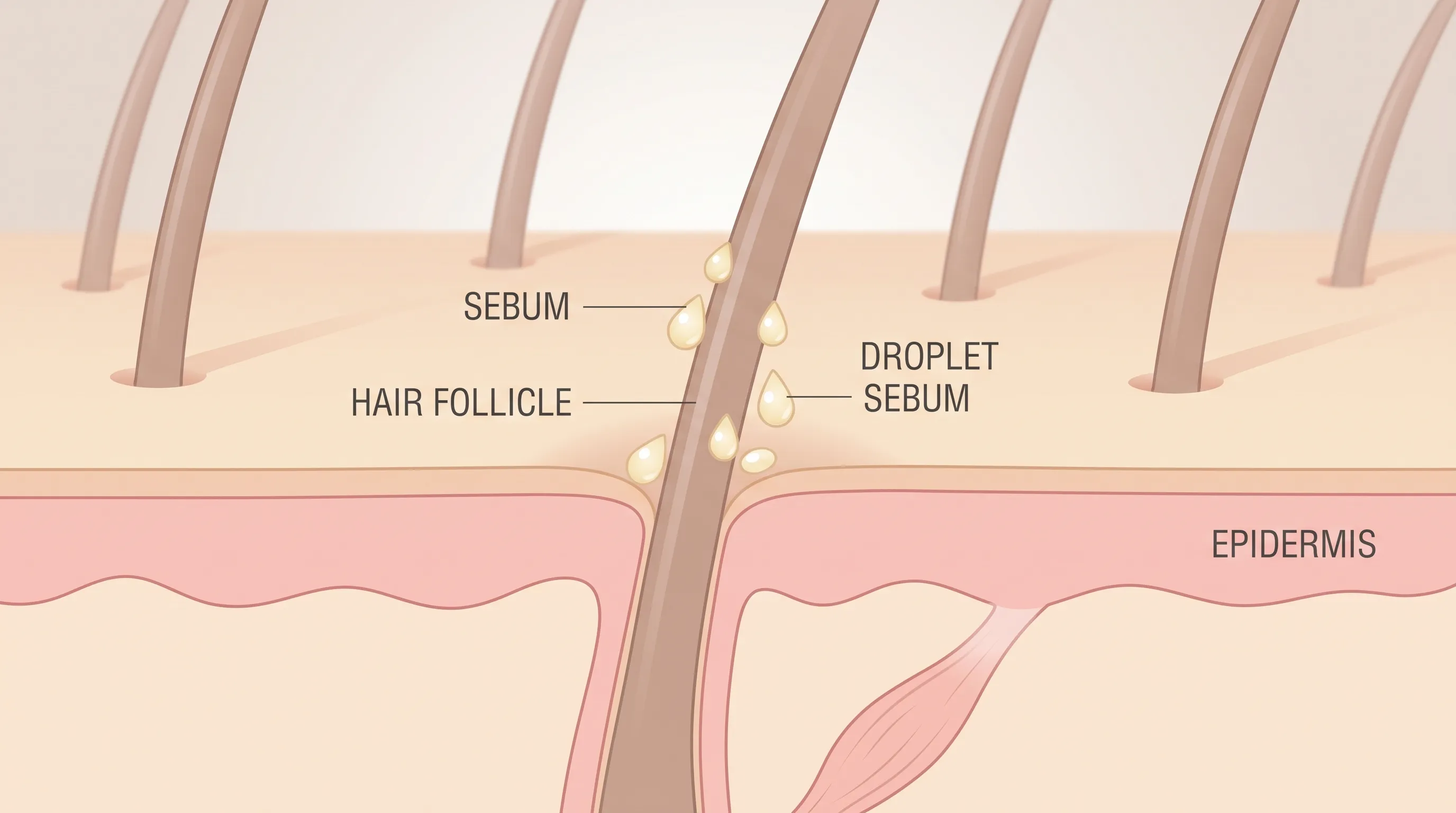 Close-up macro shot of healthy scalp follicles with visible sebum droplets, medical illustration style, soft lighting, scientific accuracy