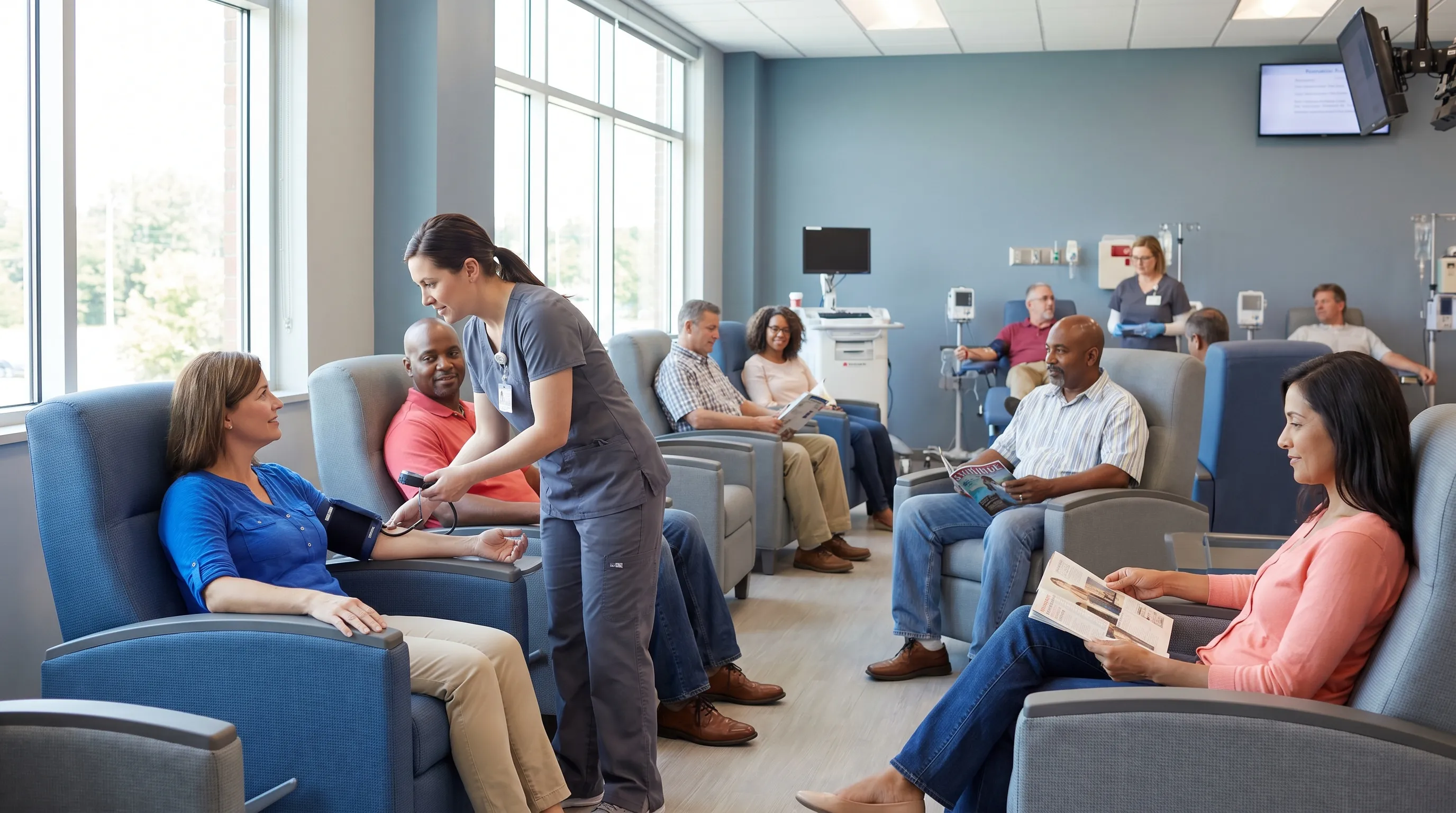 A diverse group of healthy adults sitting in comfortable chairs at a bright blood donation clinic, nurses checking blood pressure, gray and blue tones, photorealistic