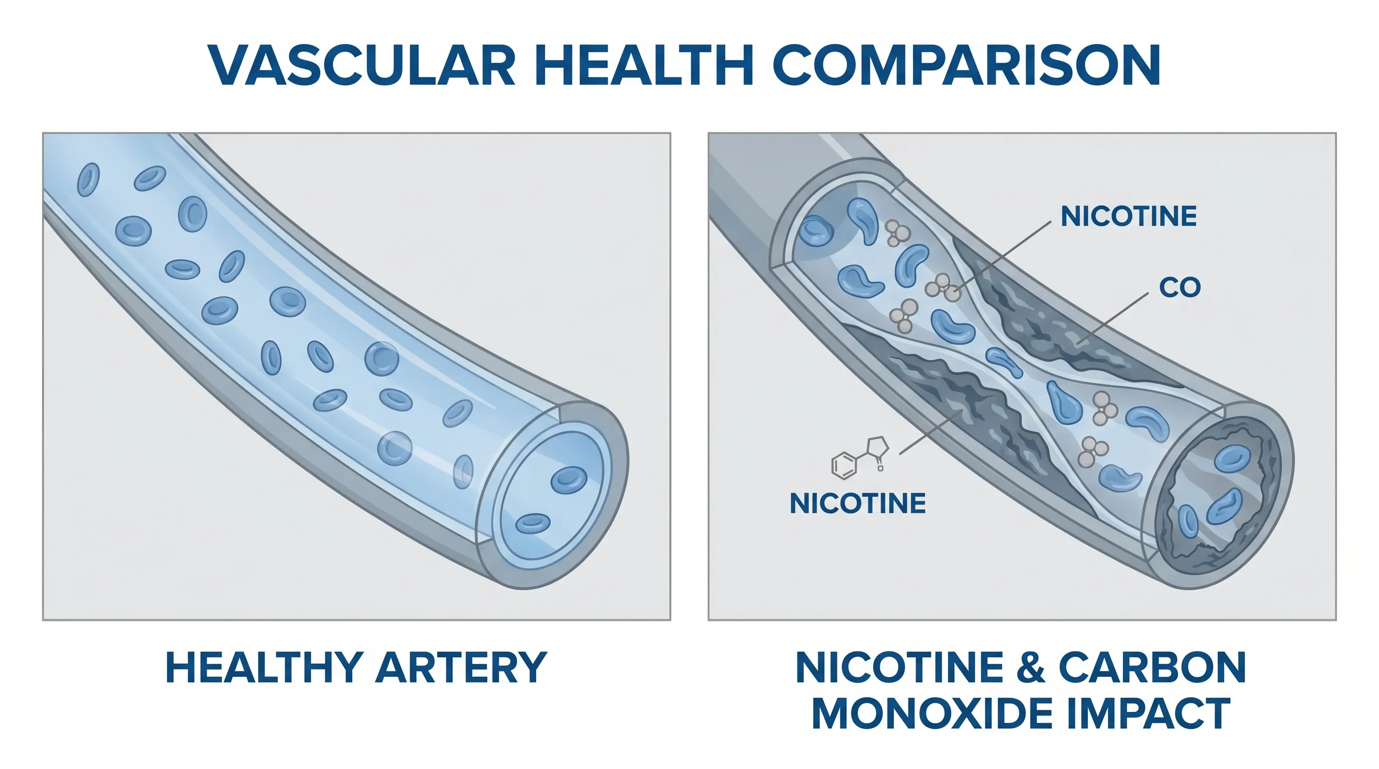 Close-up educational medical illustration comparing clear, healthy blood vessels with those showing nicotine and carbon monoxide impact, clean clinical style, gray and blue tones