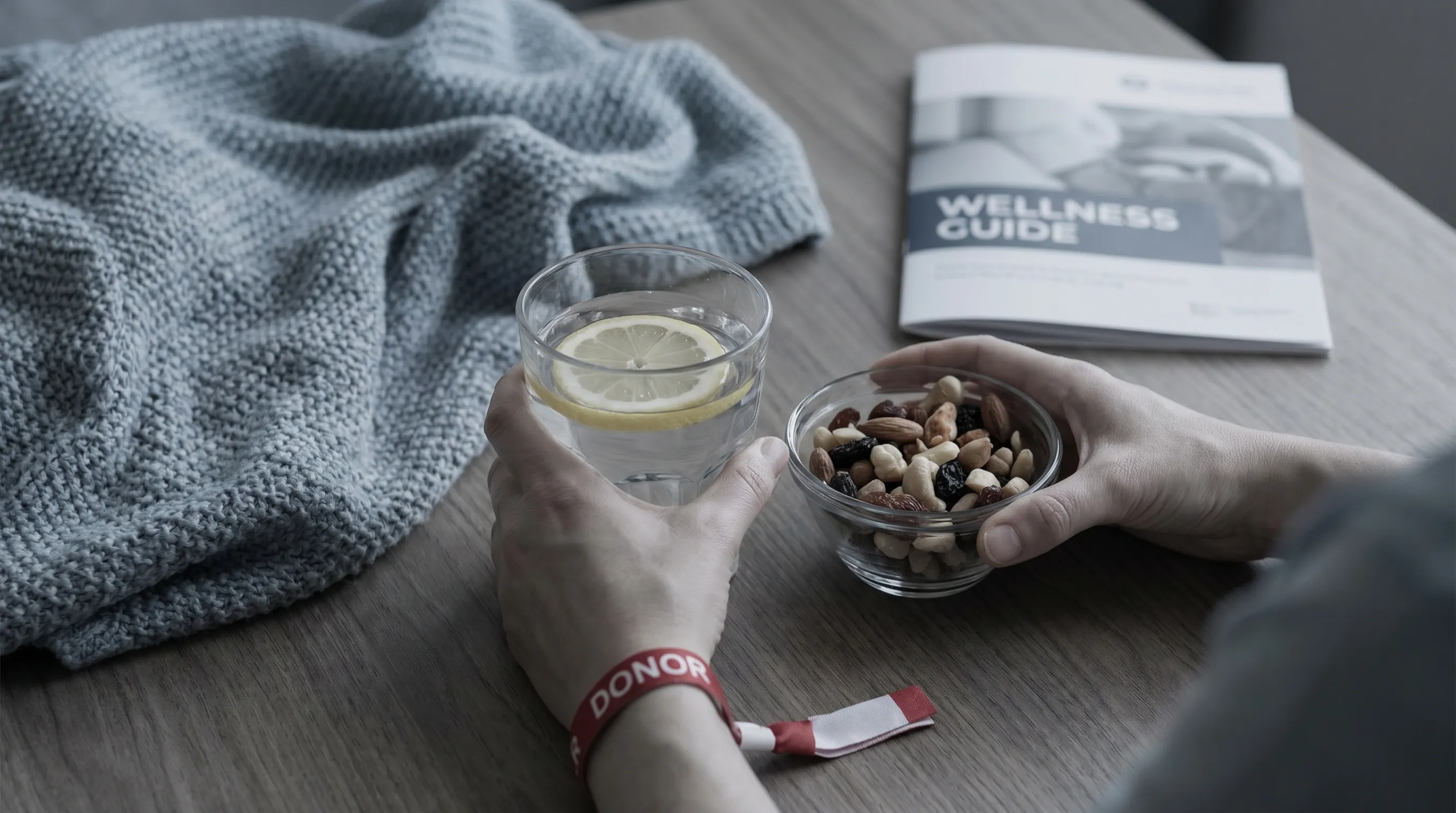 A person holding a glass of water and a healthy snack beside a blood donation wristband, wellness and preparation theme, gray and blue tones