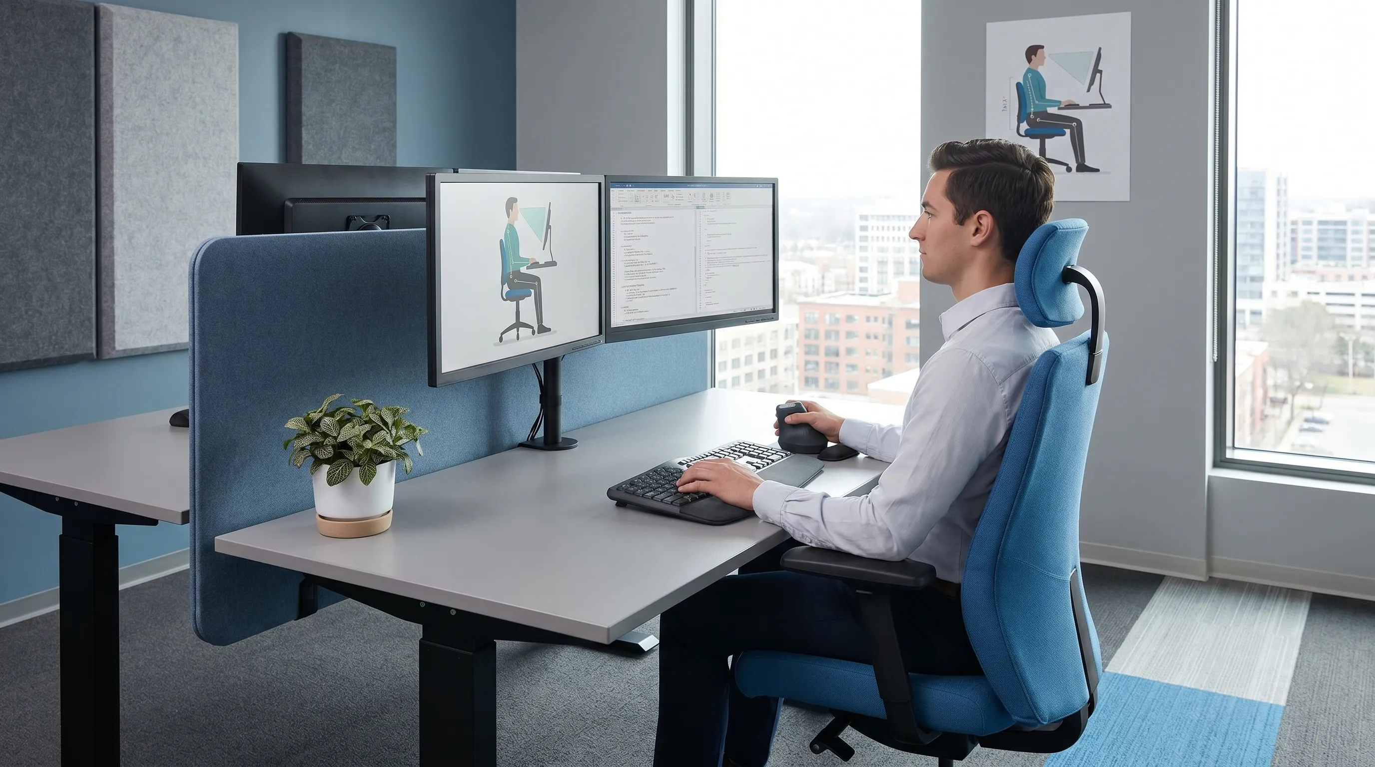 A professional ergonomic workspace setup with proper monitor height, supportive chair, and a small plant, illustrating ideal posture for desk workers, gray and blue tones, 4:3 ratio
