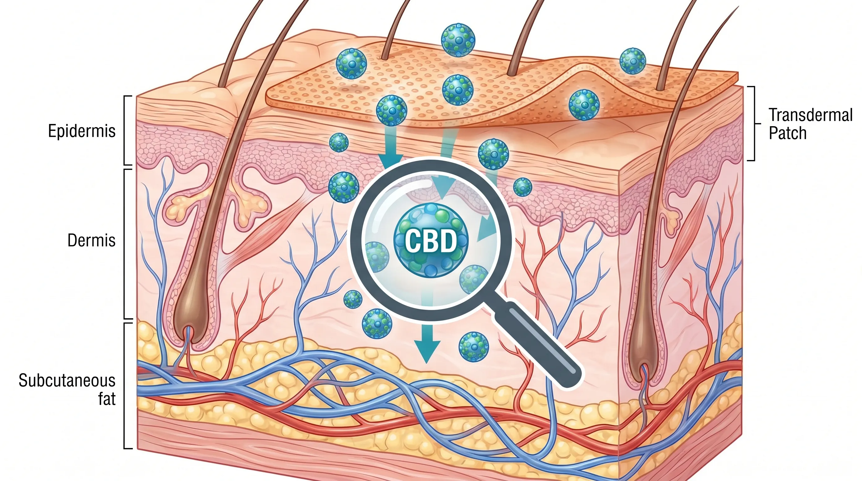 A detailed medical illustration demonstrating cannabidiol molecules diffusing through stratum corneum lipid bilayers into the dermal capillary network
