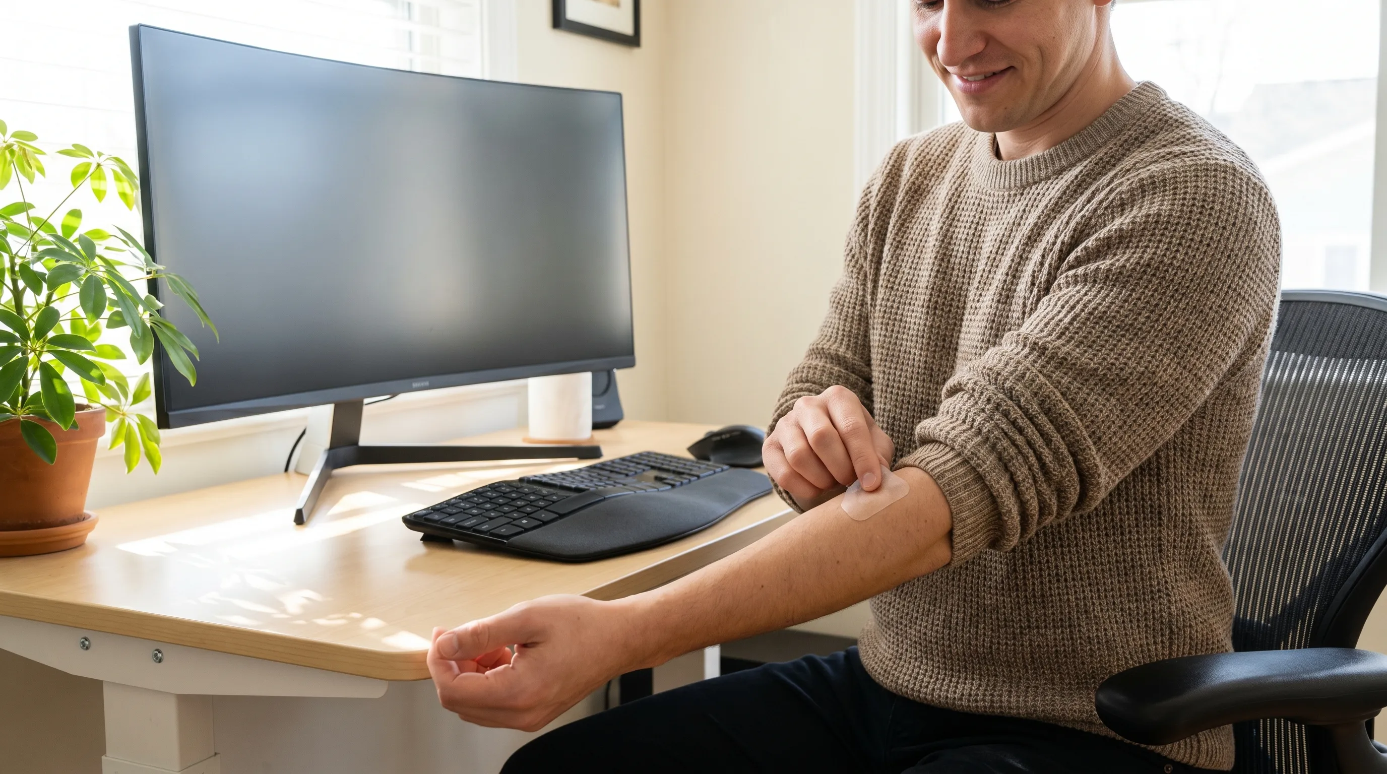 A healthcare professional reviewing clinical documentation while a patient comfortably wears a transdermal patch during a wellness consultation