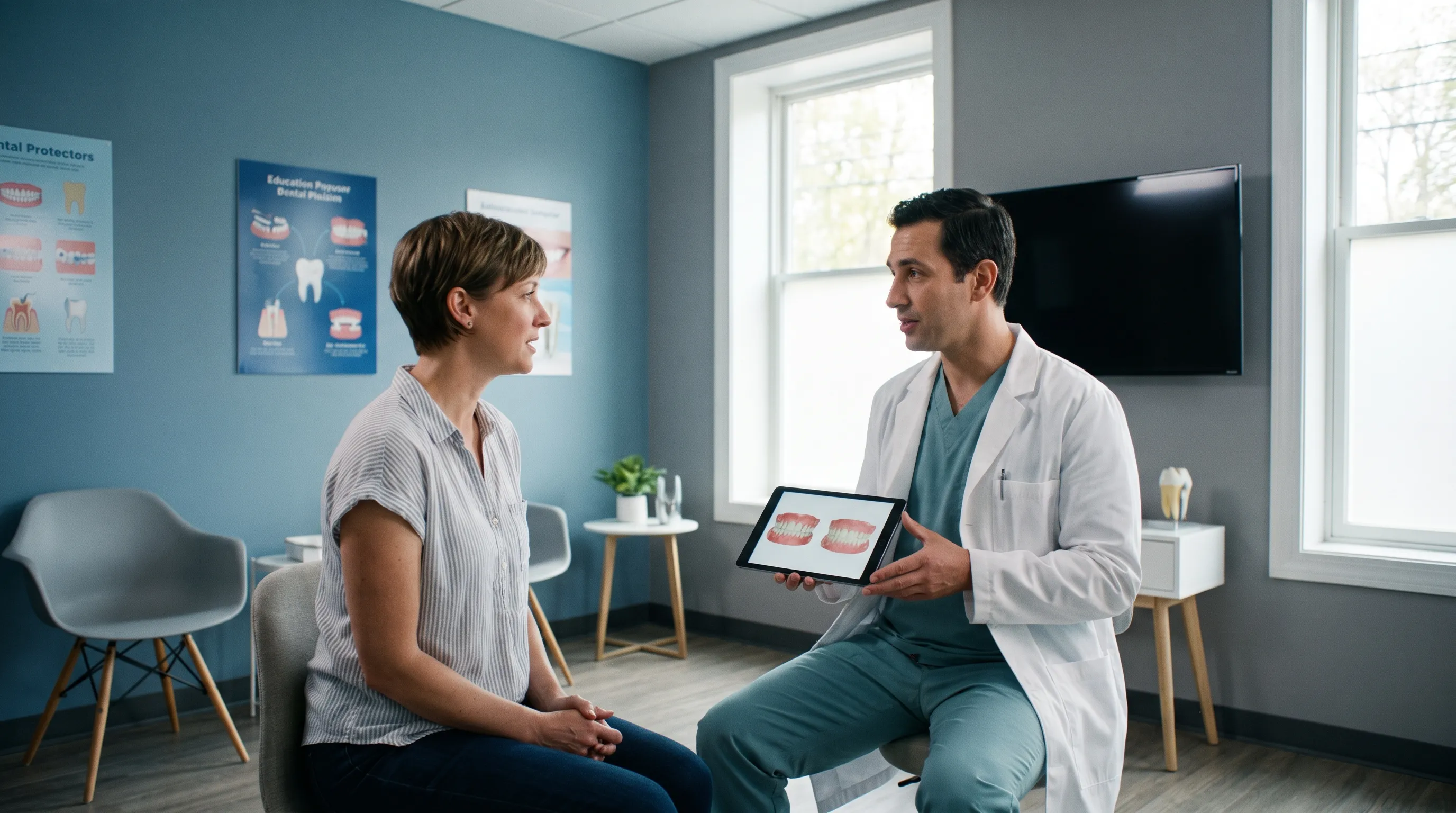 Patient consulting with a dental professional in a modern clinic setting, calm blue and gray tones, educational health photography, 4:3 ratio