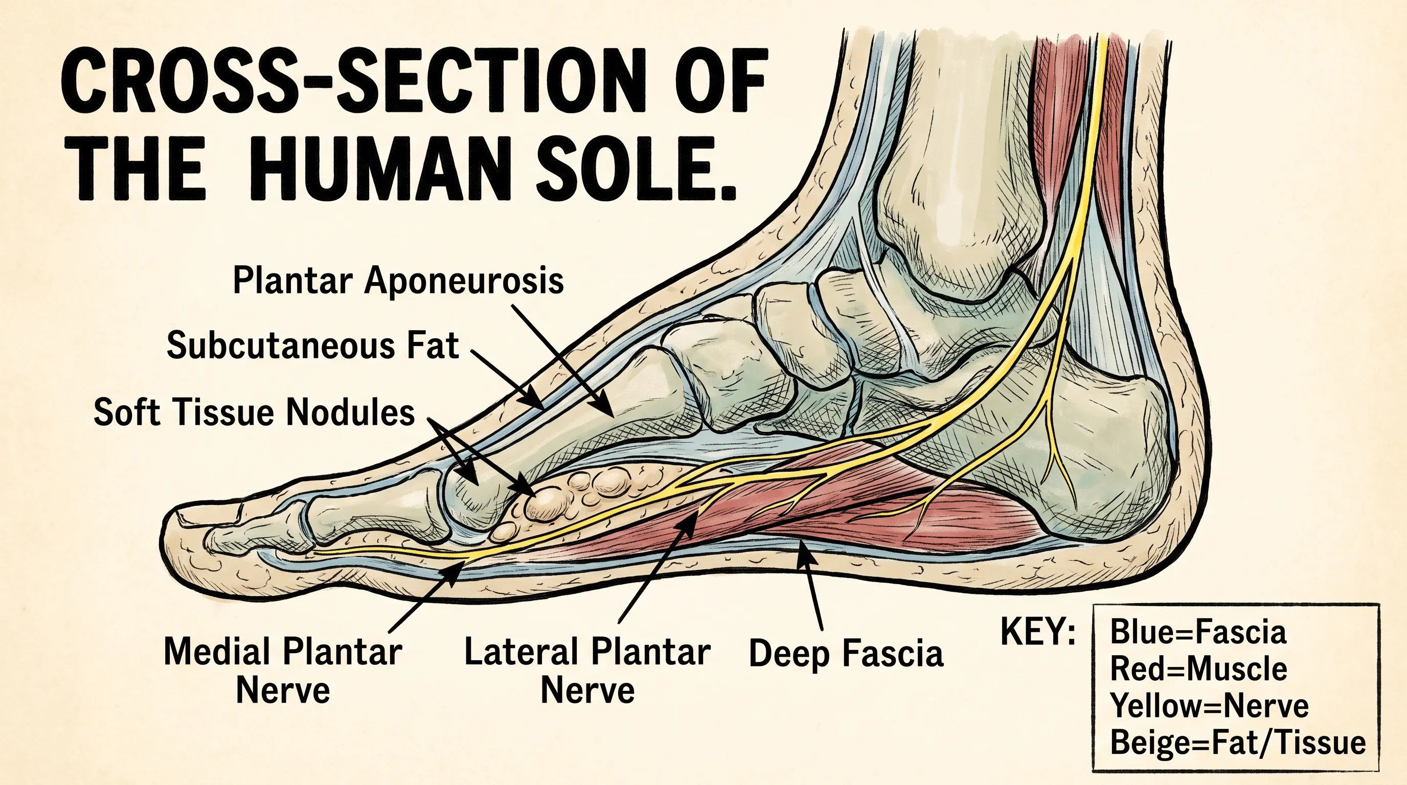 Educational anatomical illustration showing cross-section of the sole with labeled fascial layers, soft tissue nodules, and nerve pathways, clean medical diagram style