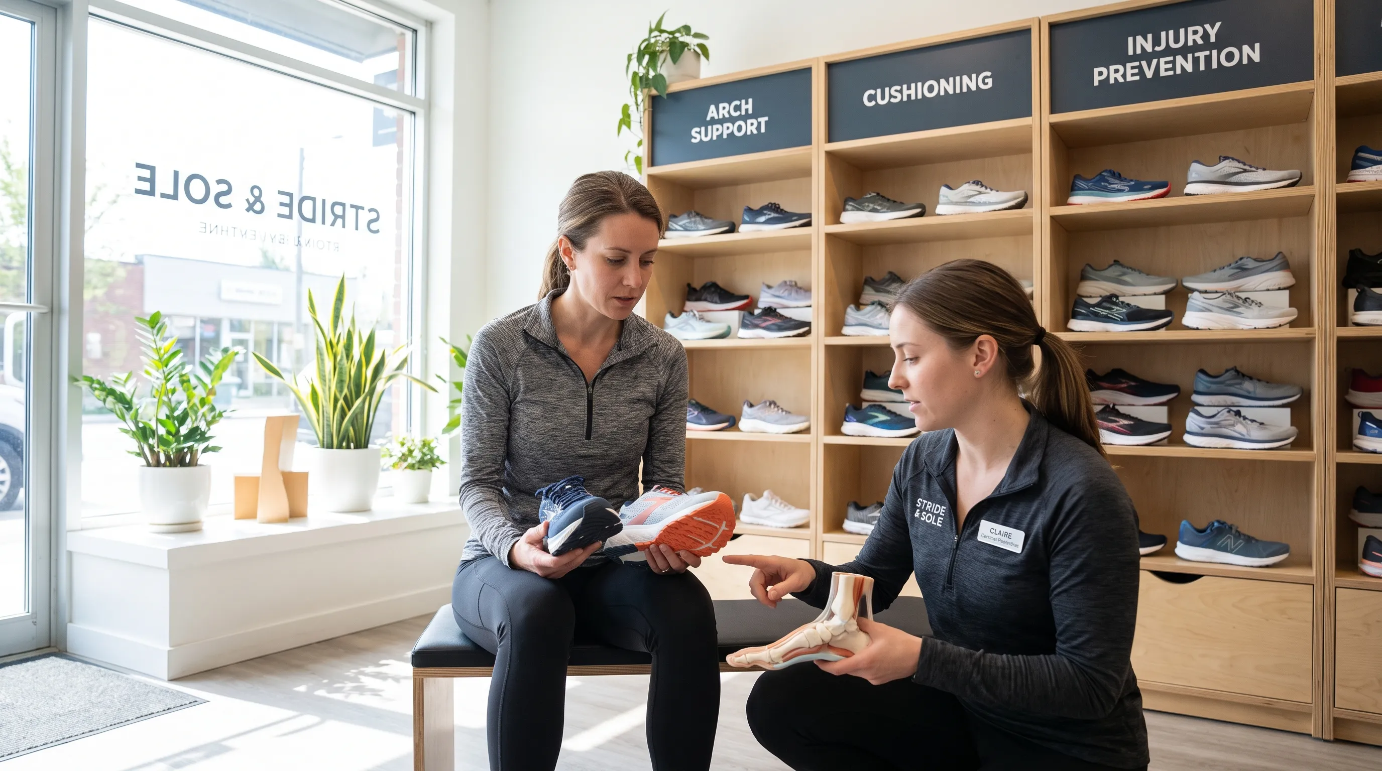 Lifestyle scene of a person choosing supportive athletic shoes in a bright, organized footwear store, emphasizing foot health and prevention