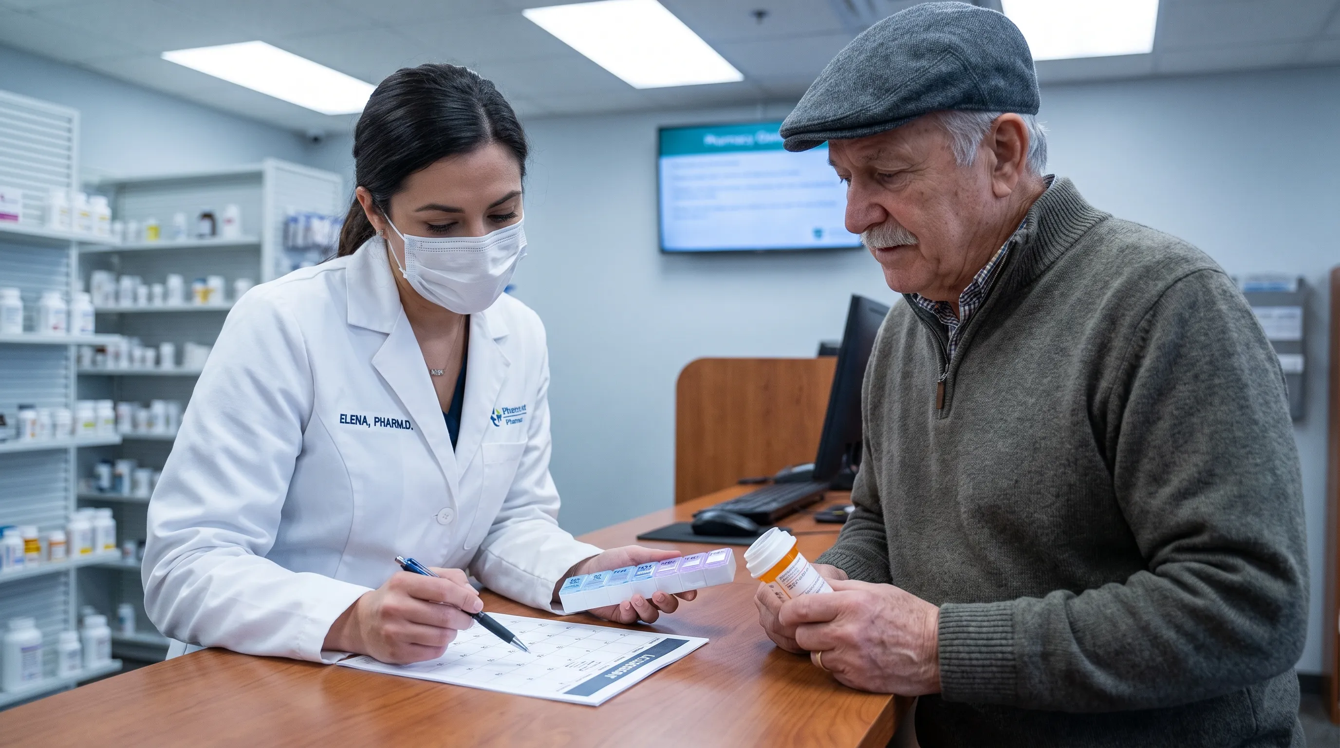 Close-up of a pharmacist explaining a medication schedule to a patient at a pharmacy counter, soft gray and blue lighting, professional healthcare atmosphere