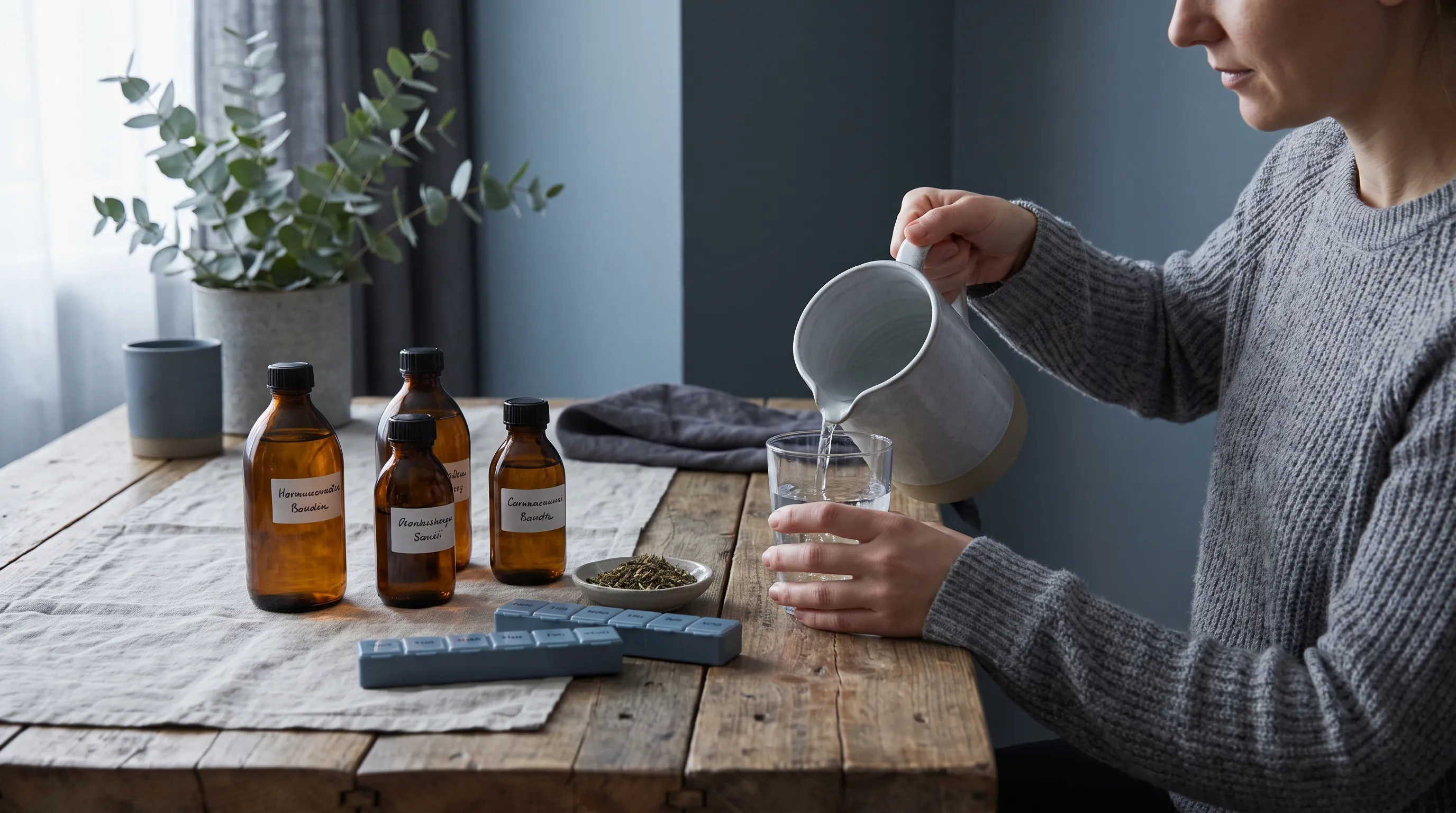 A calm person preparing a glass of water next to herbal supplements and prescription bottles on a wooden table, muted blue and gray color palette, wellness-focused composition